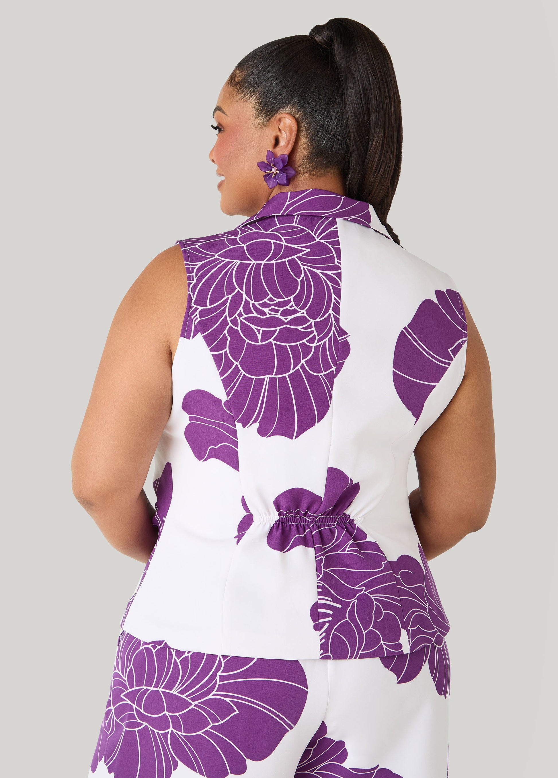 Ashley Stewart Ruched Floral Print Vest Pansy