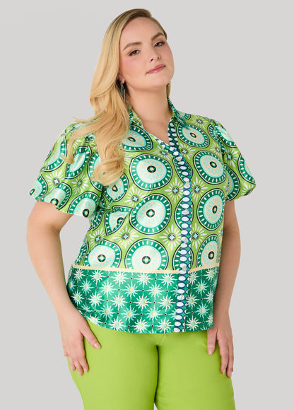 Ashley Stewart Puff Sleeved Circle Print Shirt Macaw Green