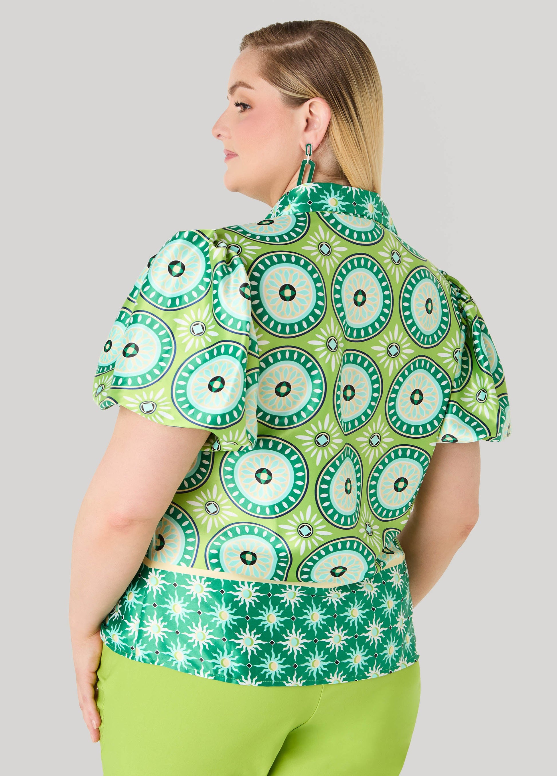 Ashley Stewart Puff Sleeved Circle Print Shirt Macaw Green