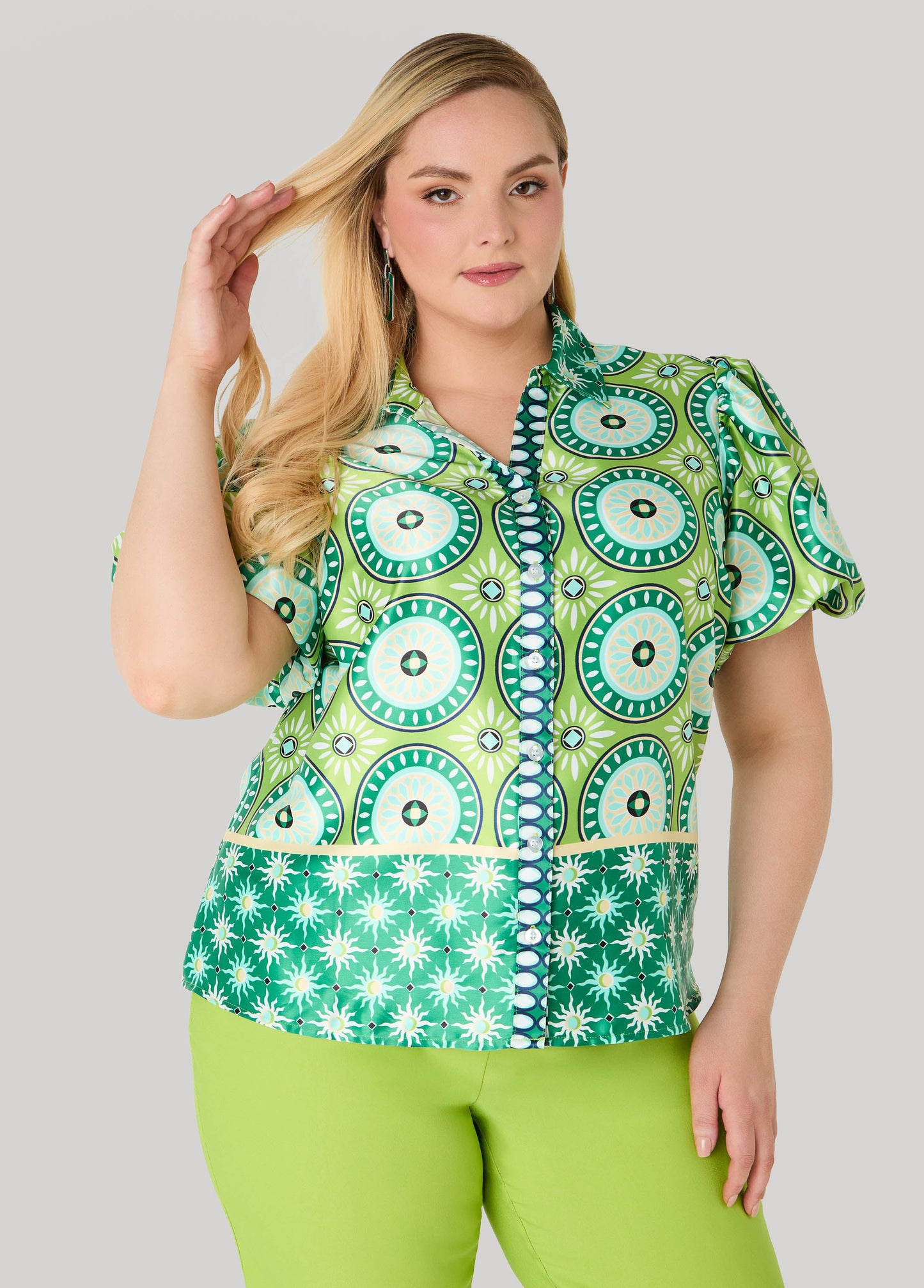 Ashley Stewart Puff Sleeved Circle Print Shirt Macaw Green