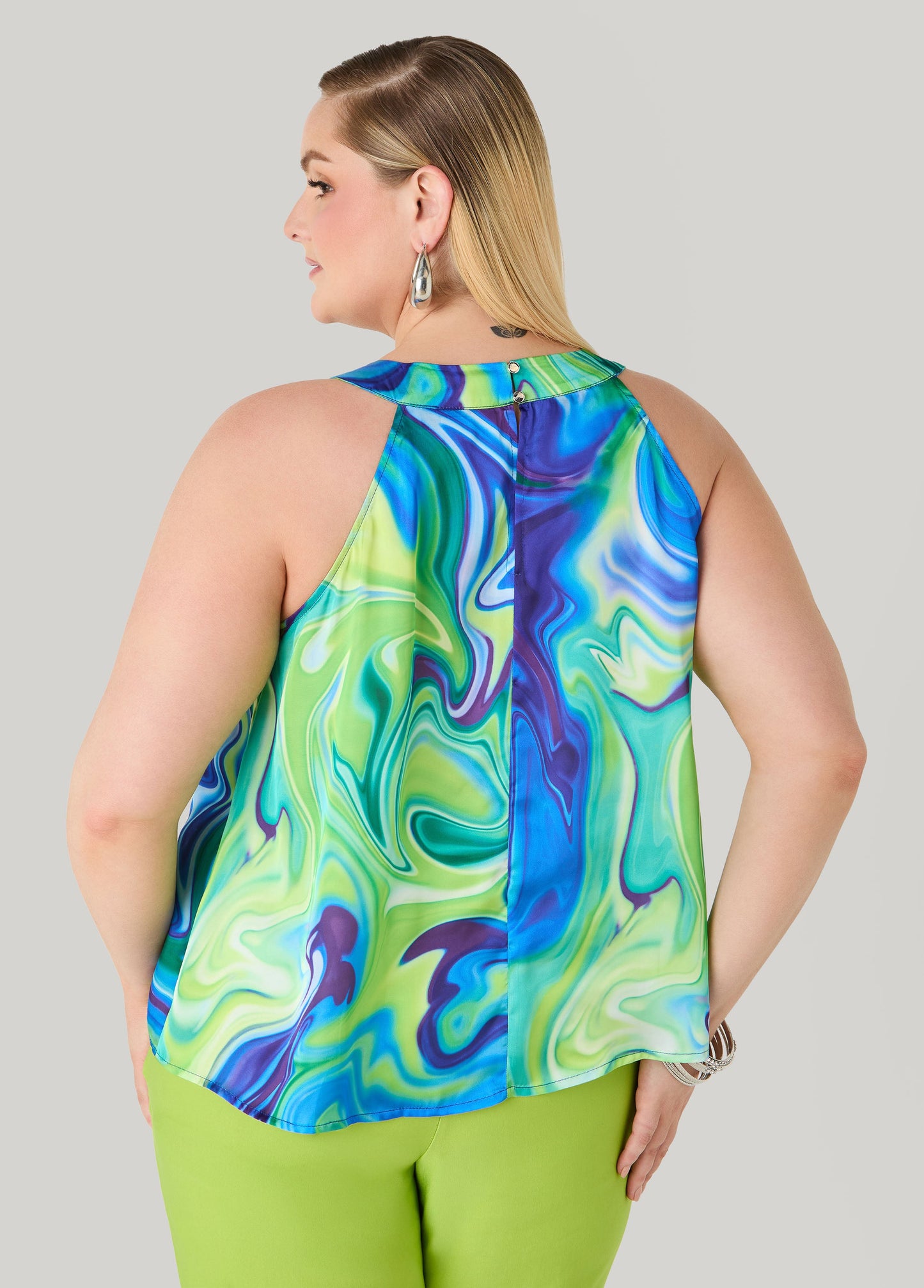 Ashley Stewart Tie Dyed Satin Top Macaw Green