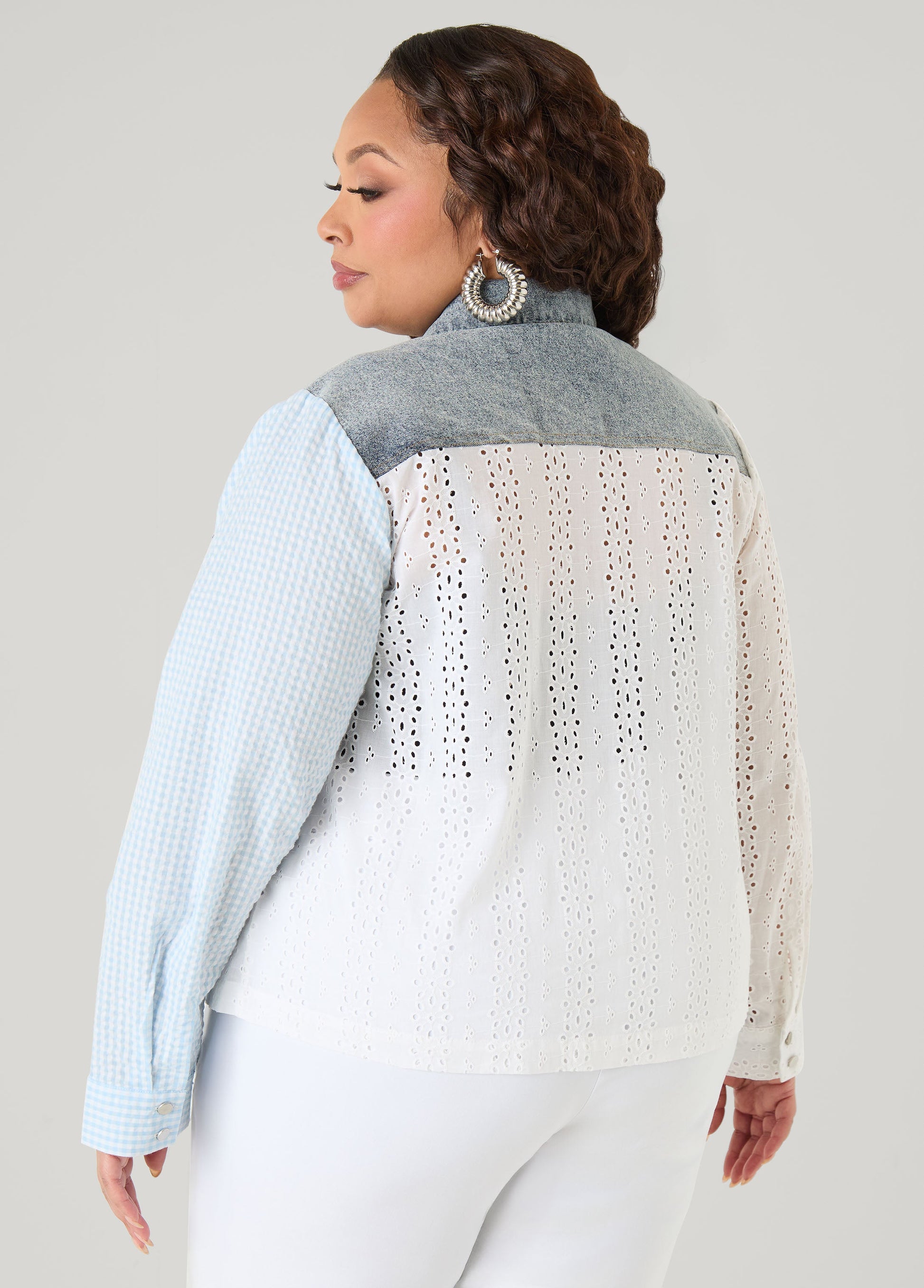 Ashley Stewart Embroidered Eyelet Paneled Shirt Denim Blue
