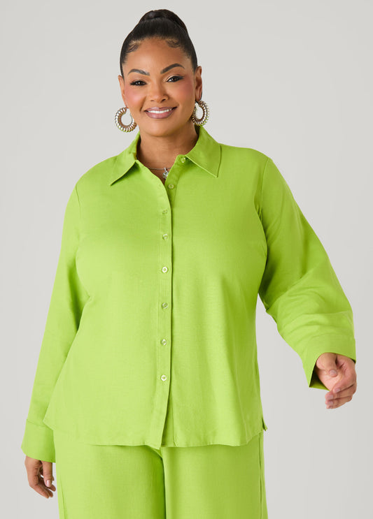 Ashley Stewart Long Sleeved Linen Blend Shirt Macaw Green
