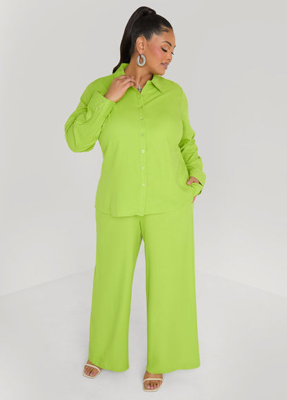 Ashley Stewart Long Sleeved Linen Blend Shirt Macaw Green
