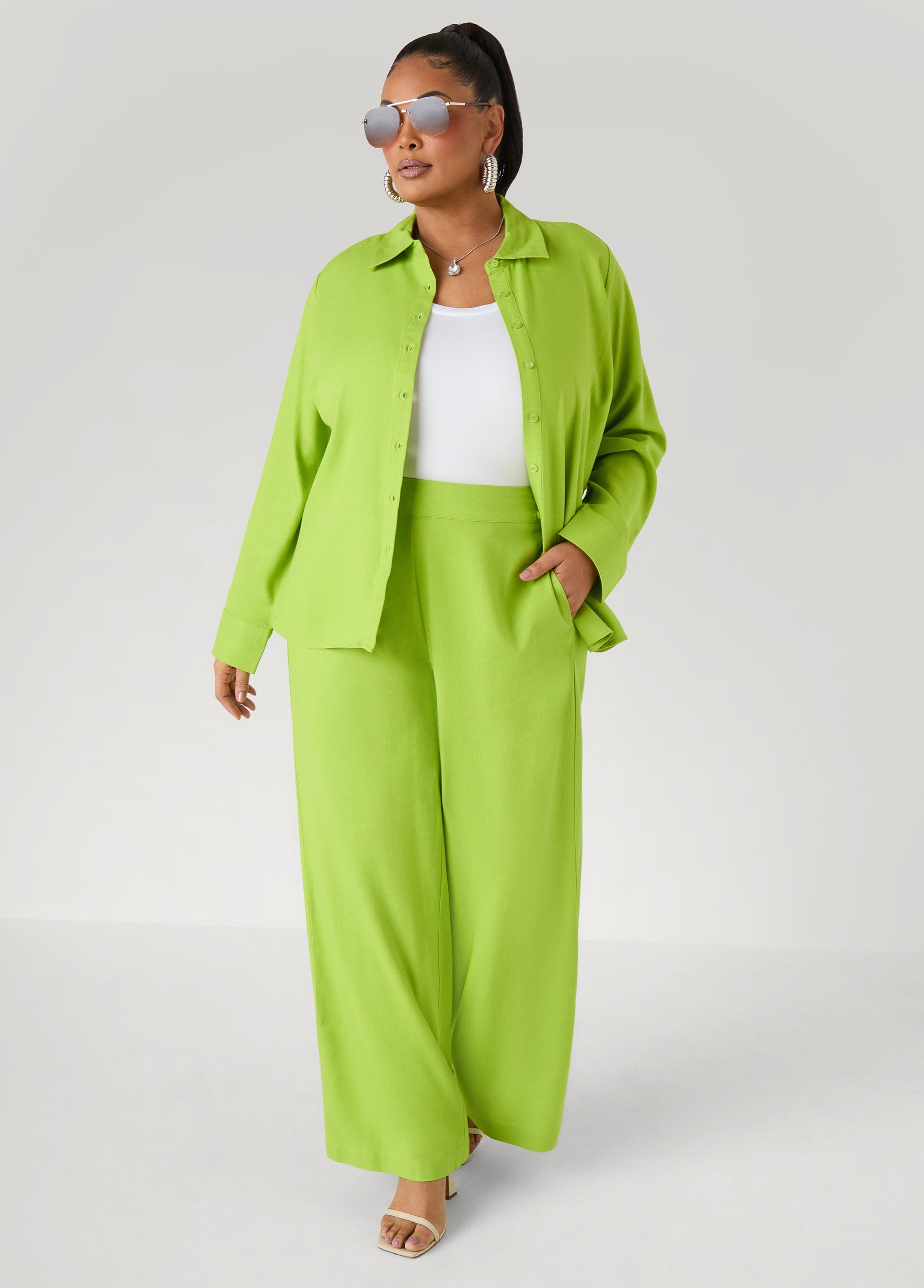 Ashley Stewart Long Sleeved Linen Blend Shirt Macaw Green