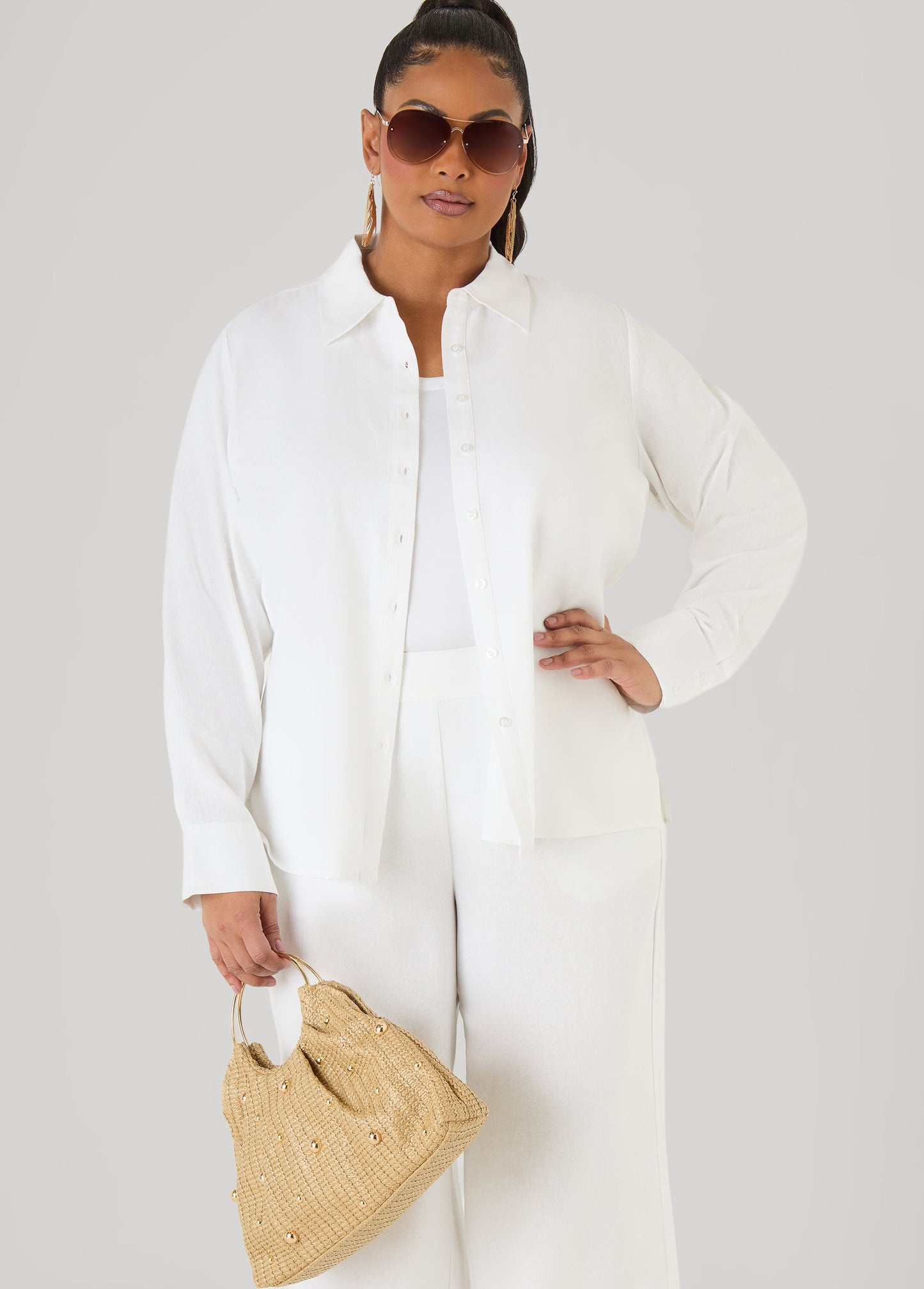 Ashley Stewart Long Sleeved Linen Blend Shirt Macaw Green