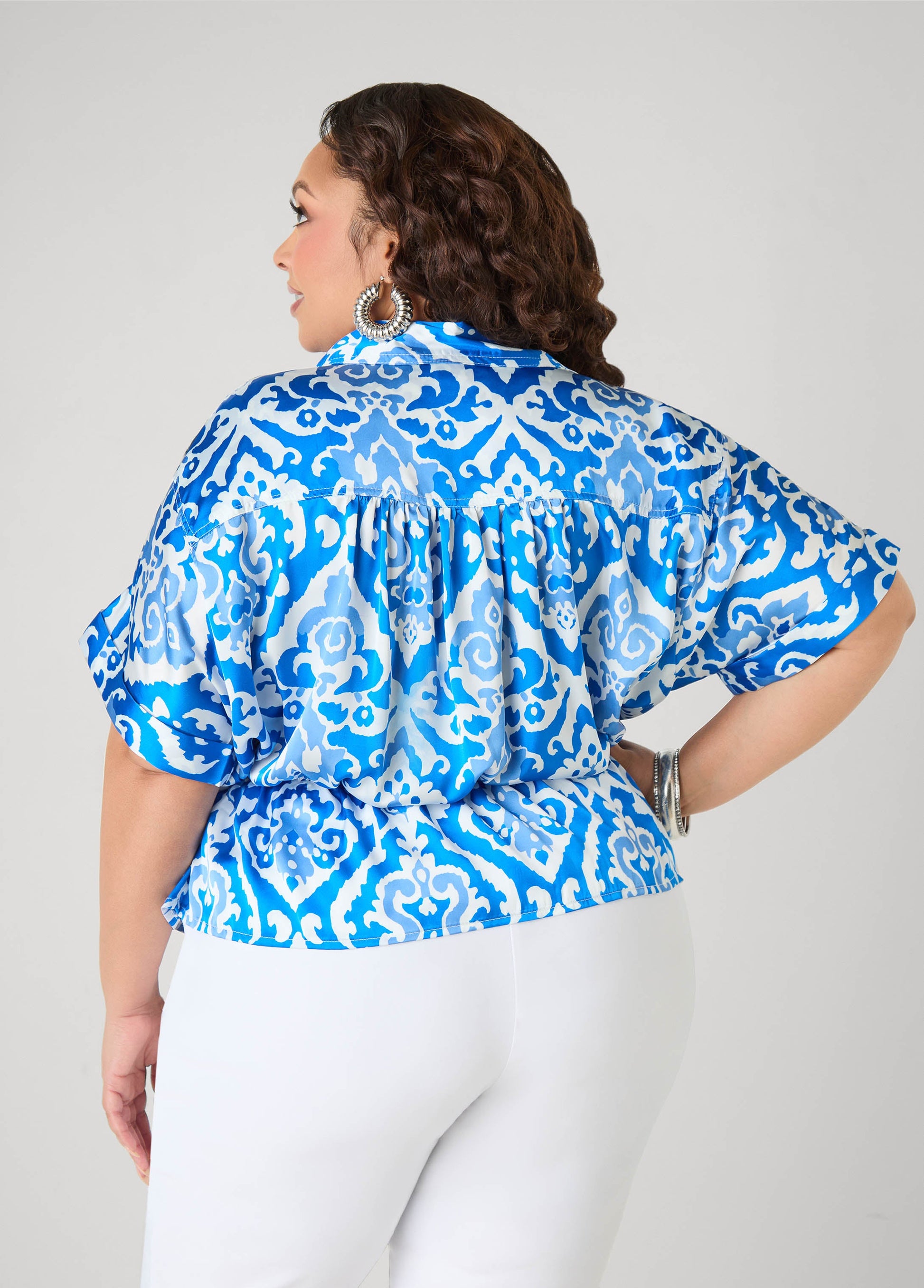 Ashley Stewart Cuffed Printed Satin Blouse Blue