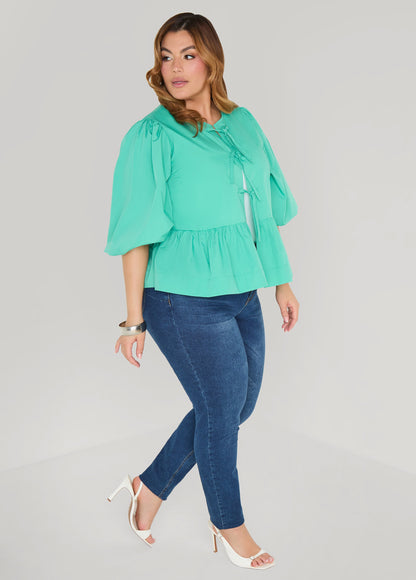 Ashley Stewart Tie Front Peplum Top Green