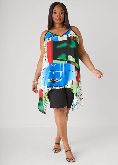 Ashley Stewart Chain Trimmed Abstract Print Top Multi
