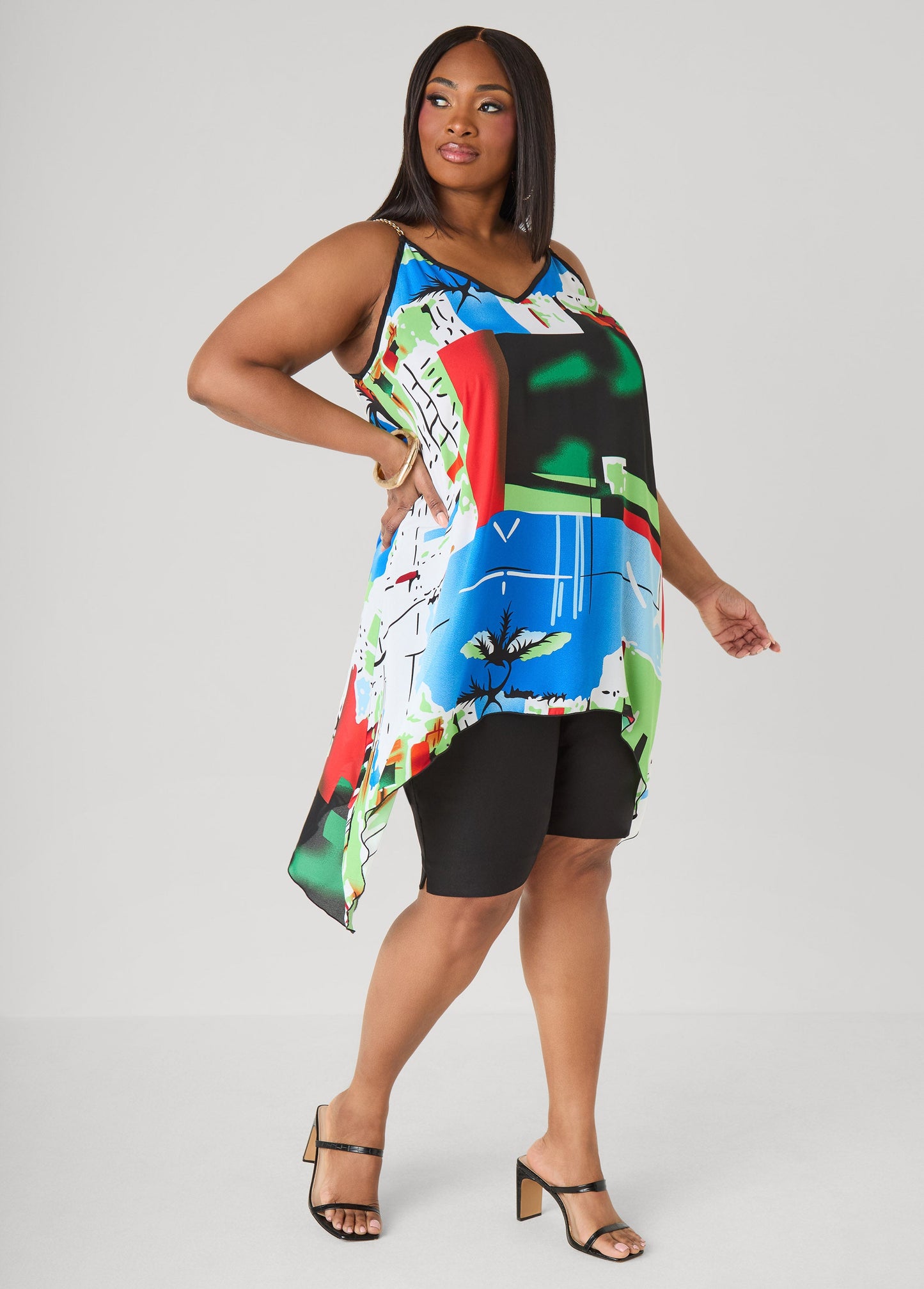 Ashley Stewart Chain Trimmed Abstract Print Top Multi