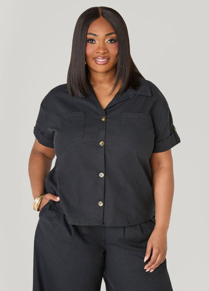 Ashley Stewart Cuffed Button Front Shirt Black