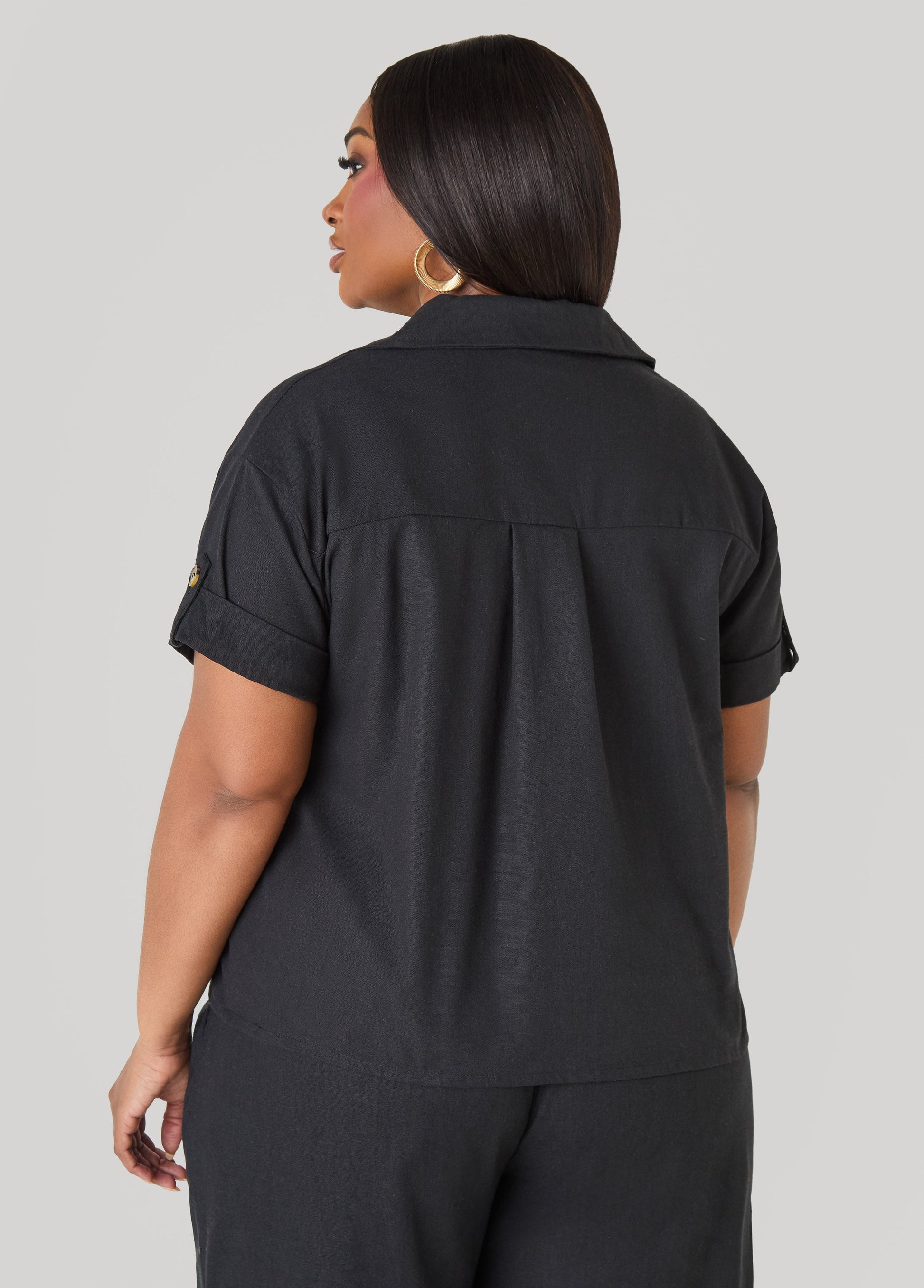 Ashley Stewart Cuffed Button Front Shirt Black