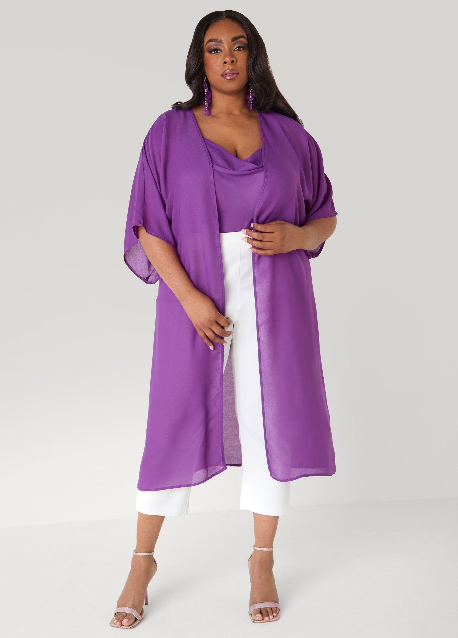 Ashley Stewart Open Front Crepe Kimono Pansy