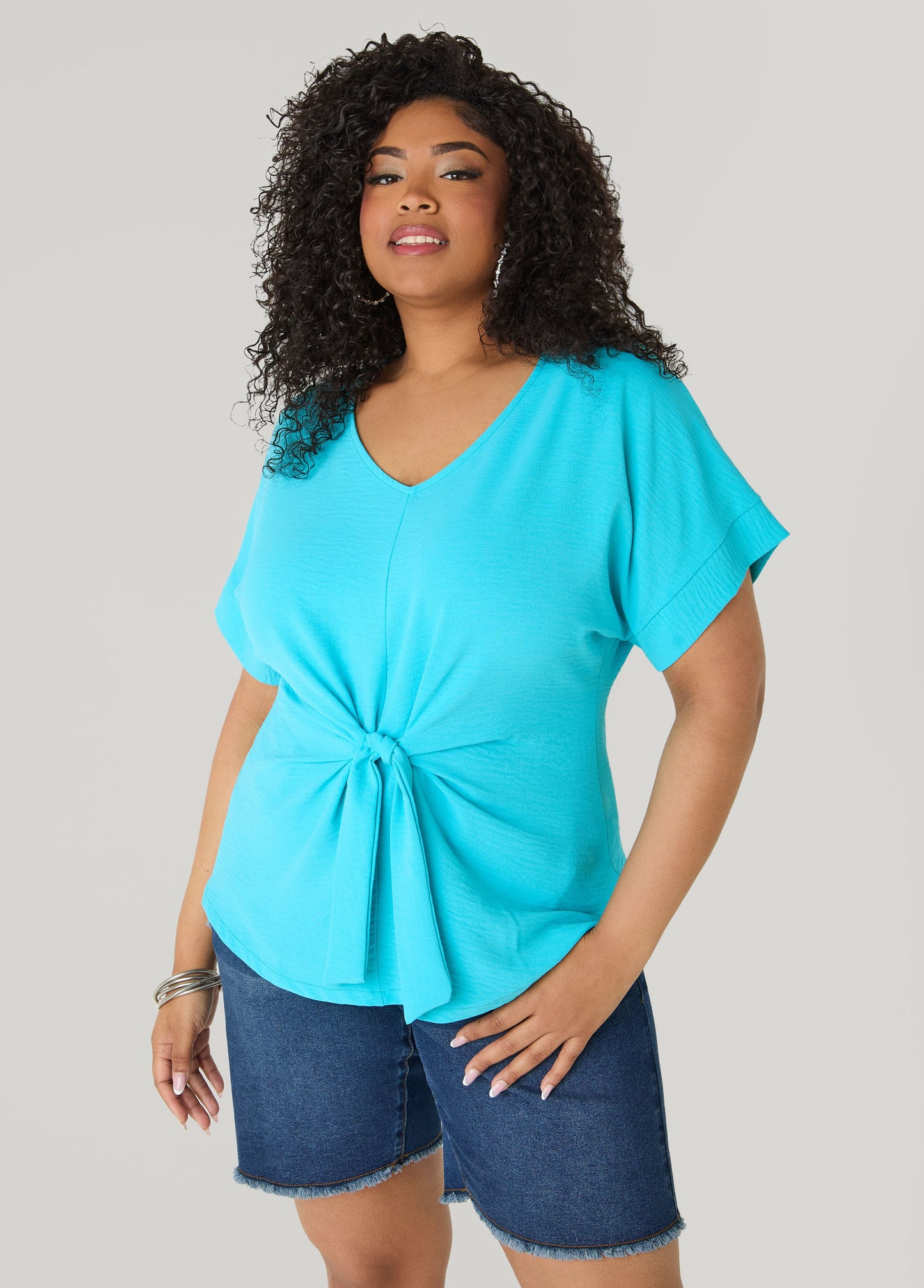Ashley Stewart Tie Front V Neck Top Royal Blue