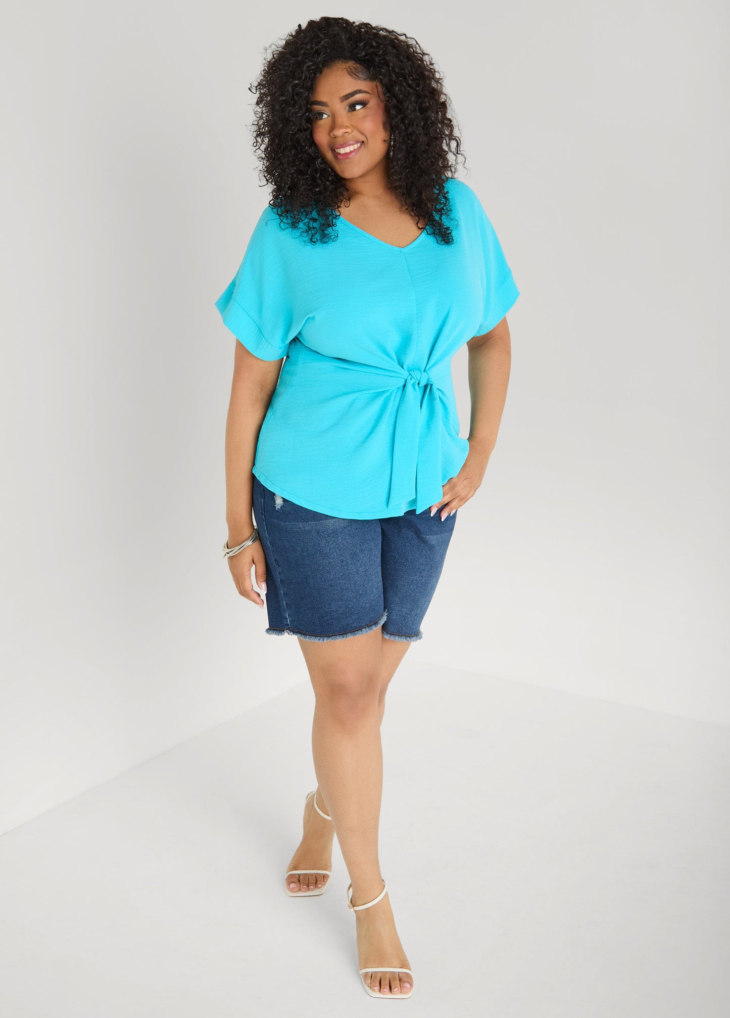 Ashley Stewart Tie Front V Neck Top Royal Blue