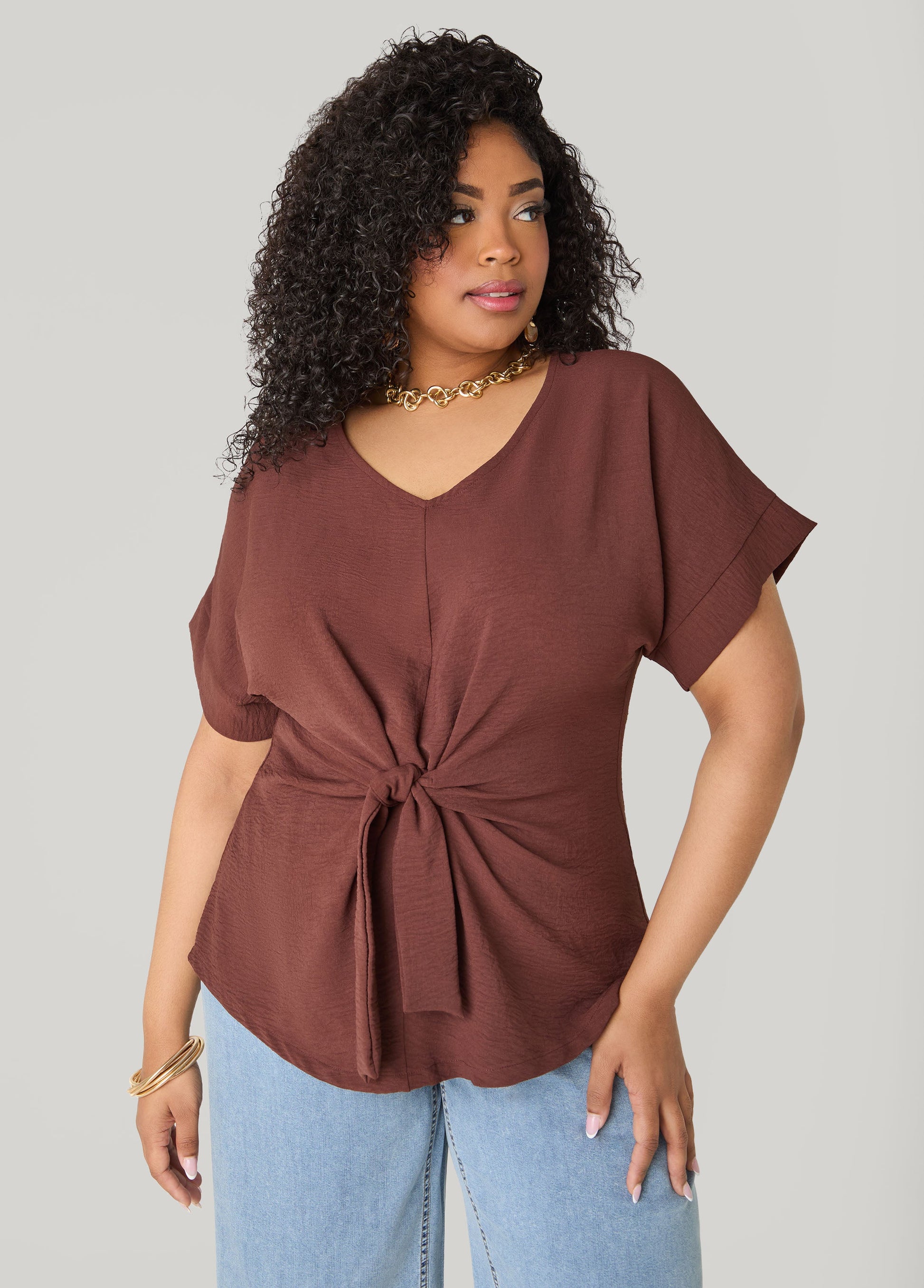 Ashley Stewart Tie Front V Neck Top Royal Blue