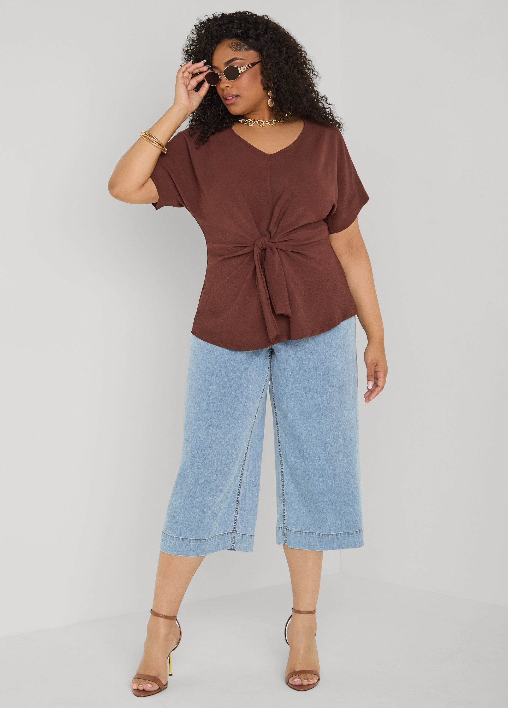 Ashley Stewart Tie Front V Neck Top Royal Blue