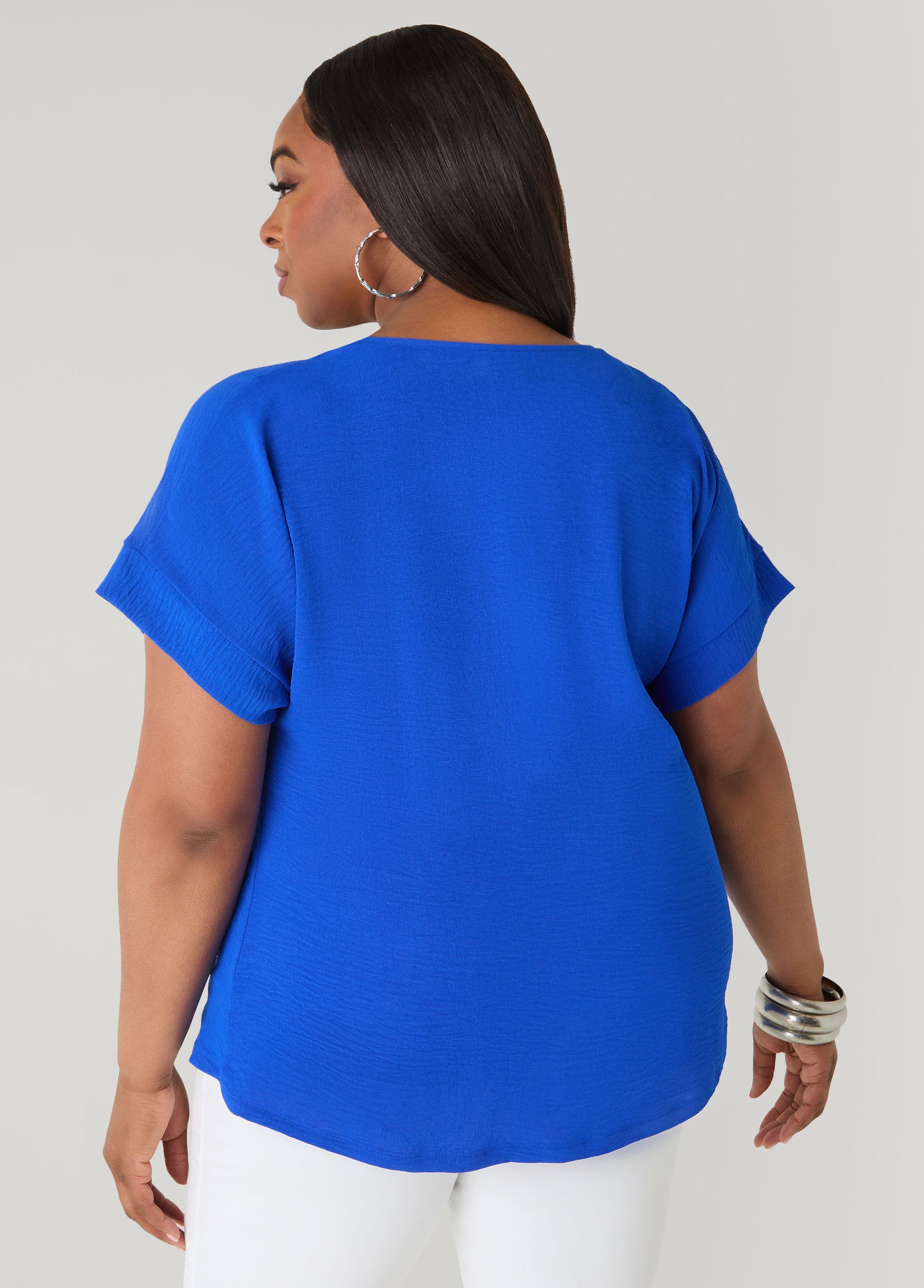 Ashley Stewart Tie Front V Neck Top Royal Blue