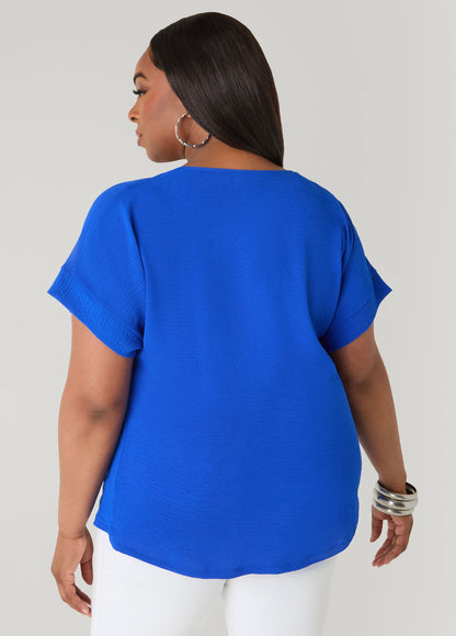 Ashley Stewart Tie Front V Neck Top Royal Blue
