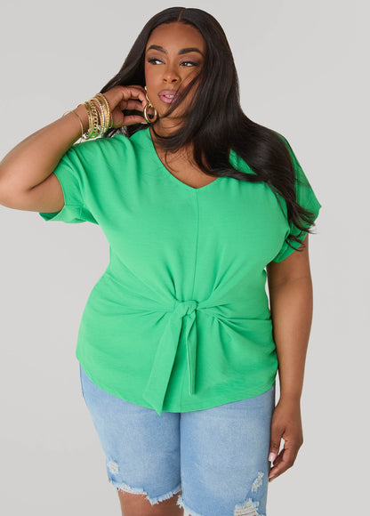 Ashley Stewart Tie Front V Neck Top Royal Blue