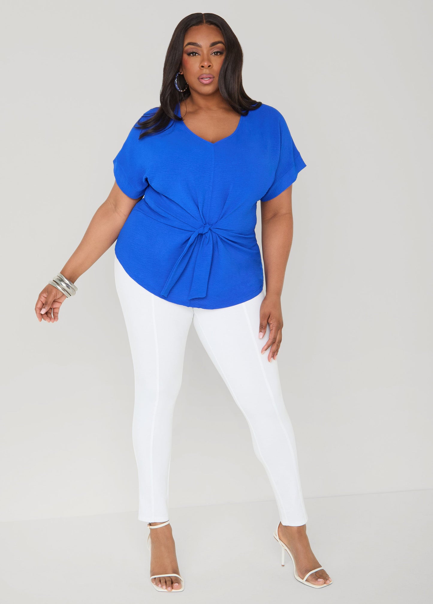 Ashley Stewart Tie Front V Neck Top Royal Blue