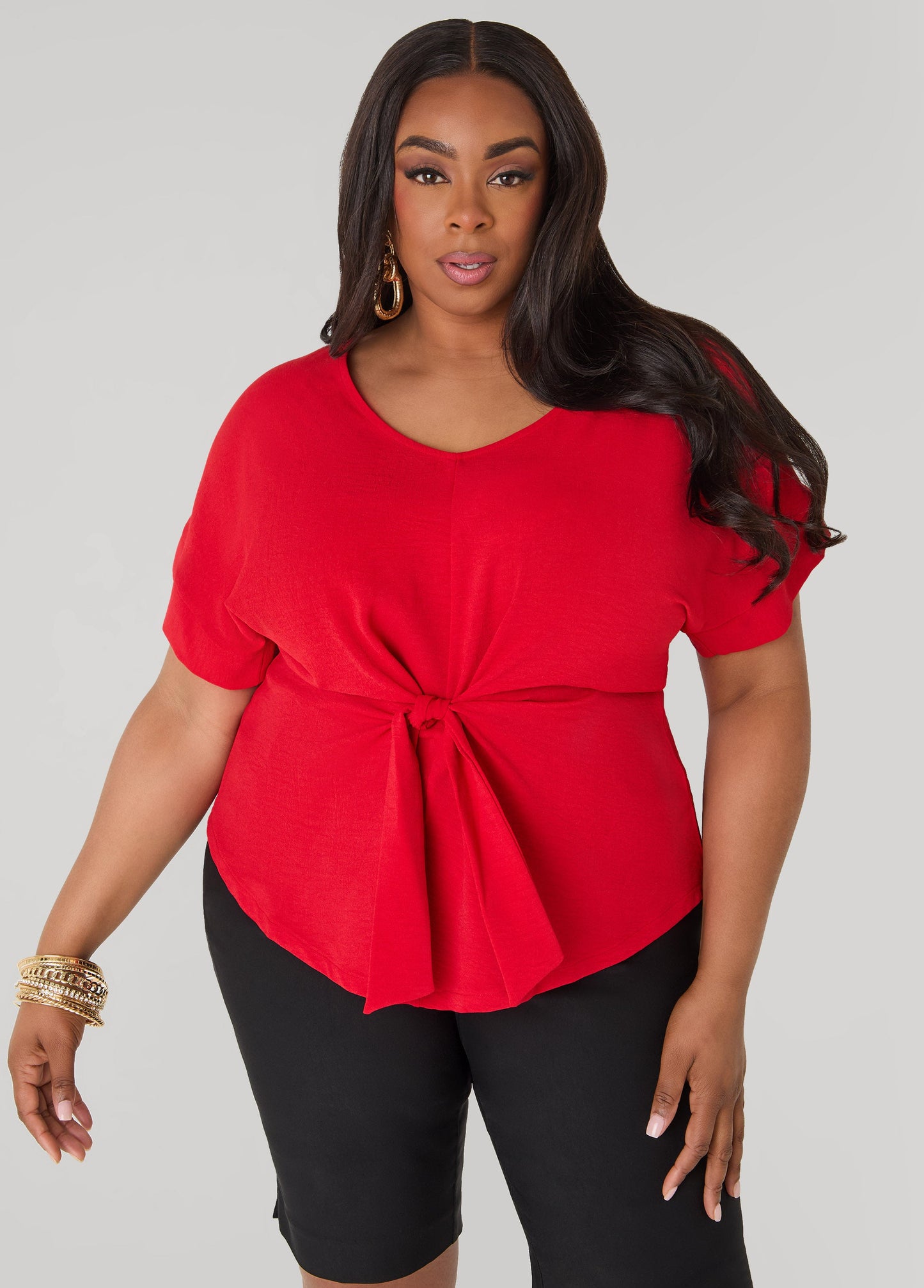 Ashley Stewart Tie Front V Neck Top Royal Blue