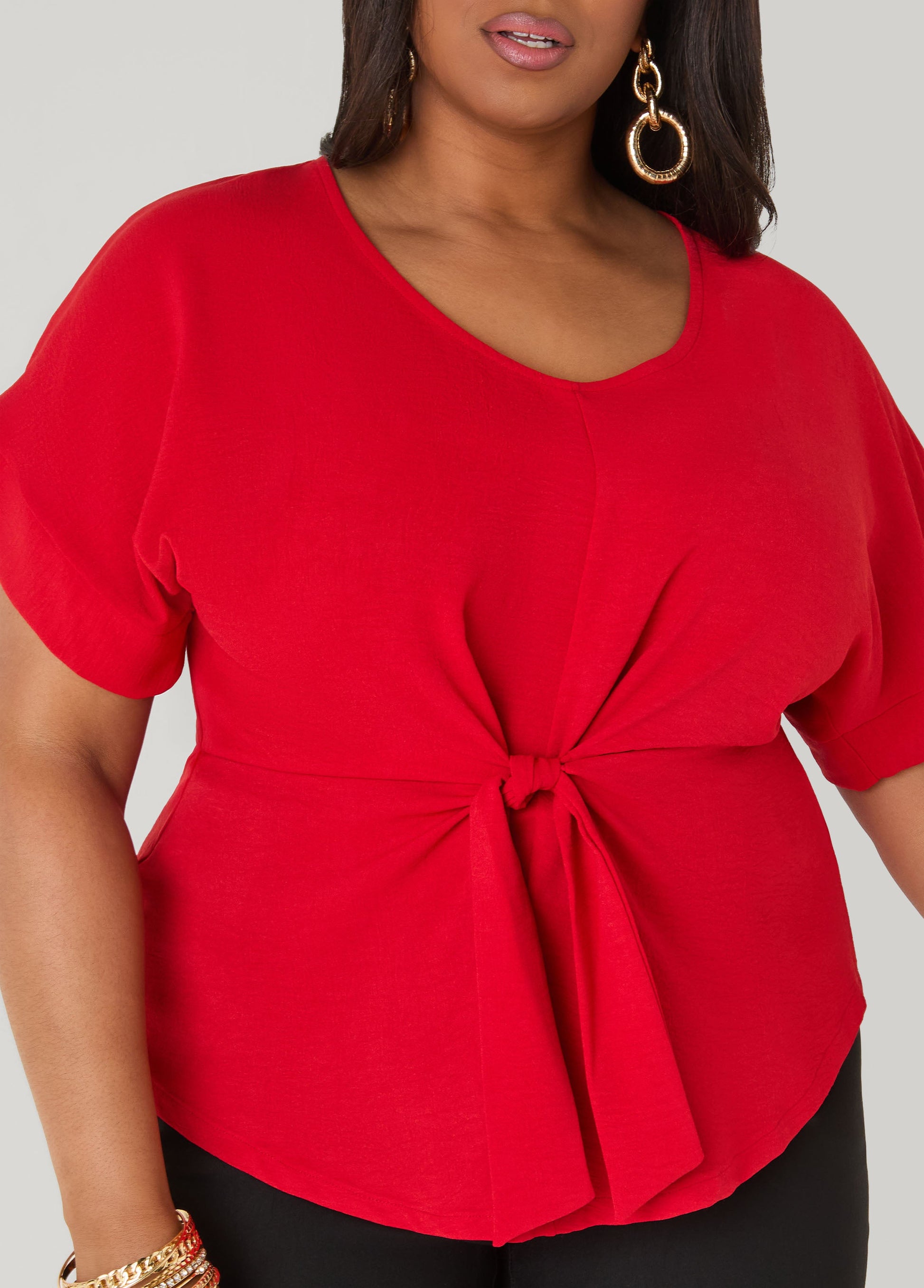Ashley Stewart Tie Front V Neck Top Royal Blue
