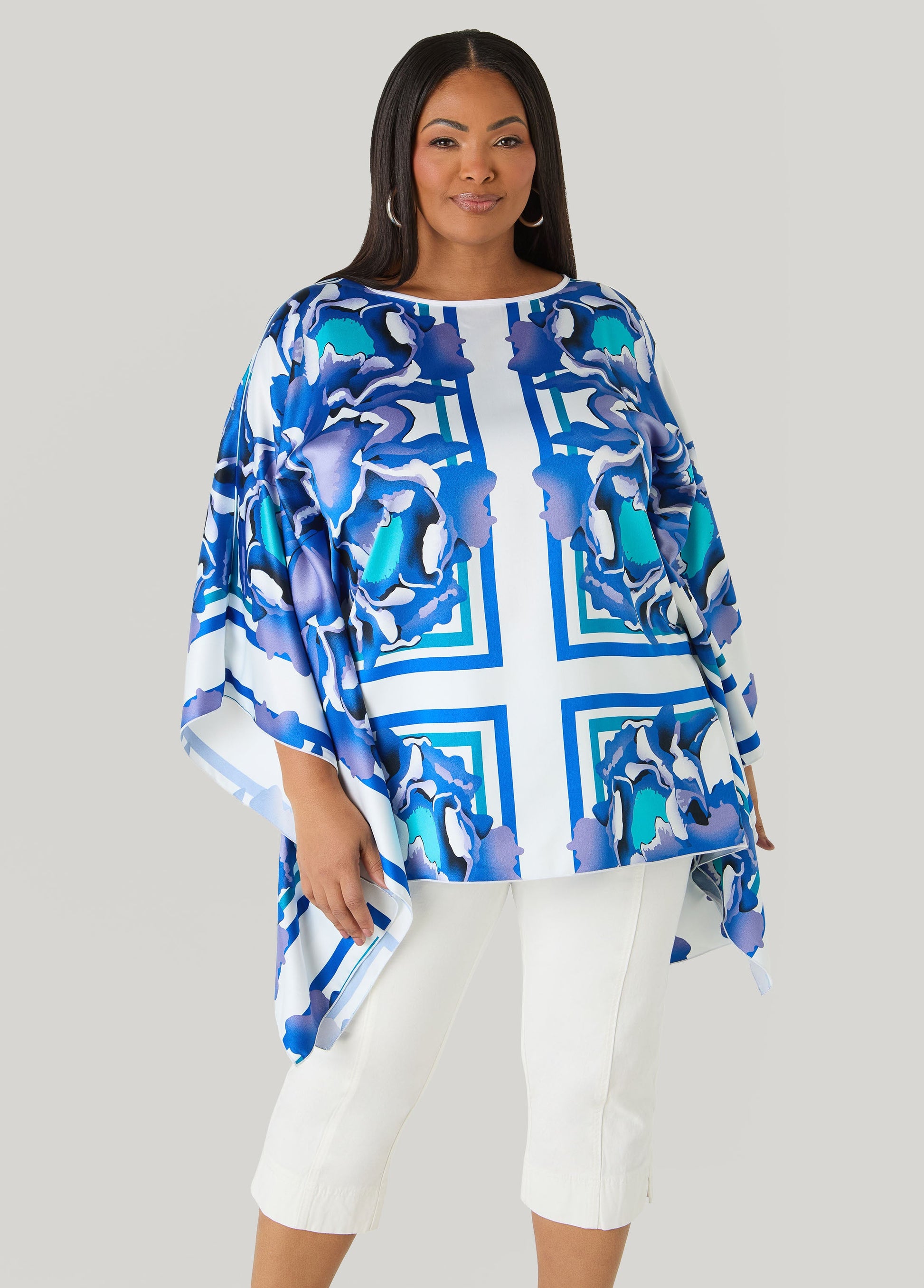 Ashley Stewart Floral Satin Tunic Victoria Blue