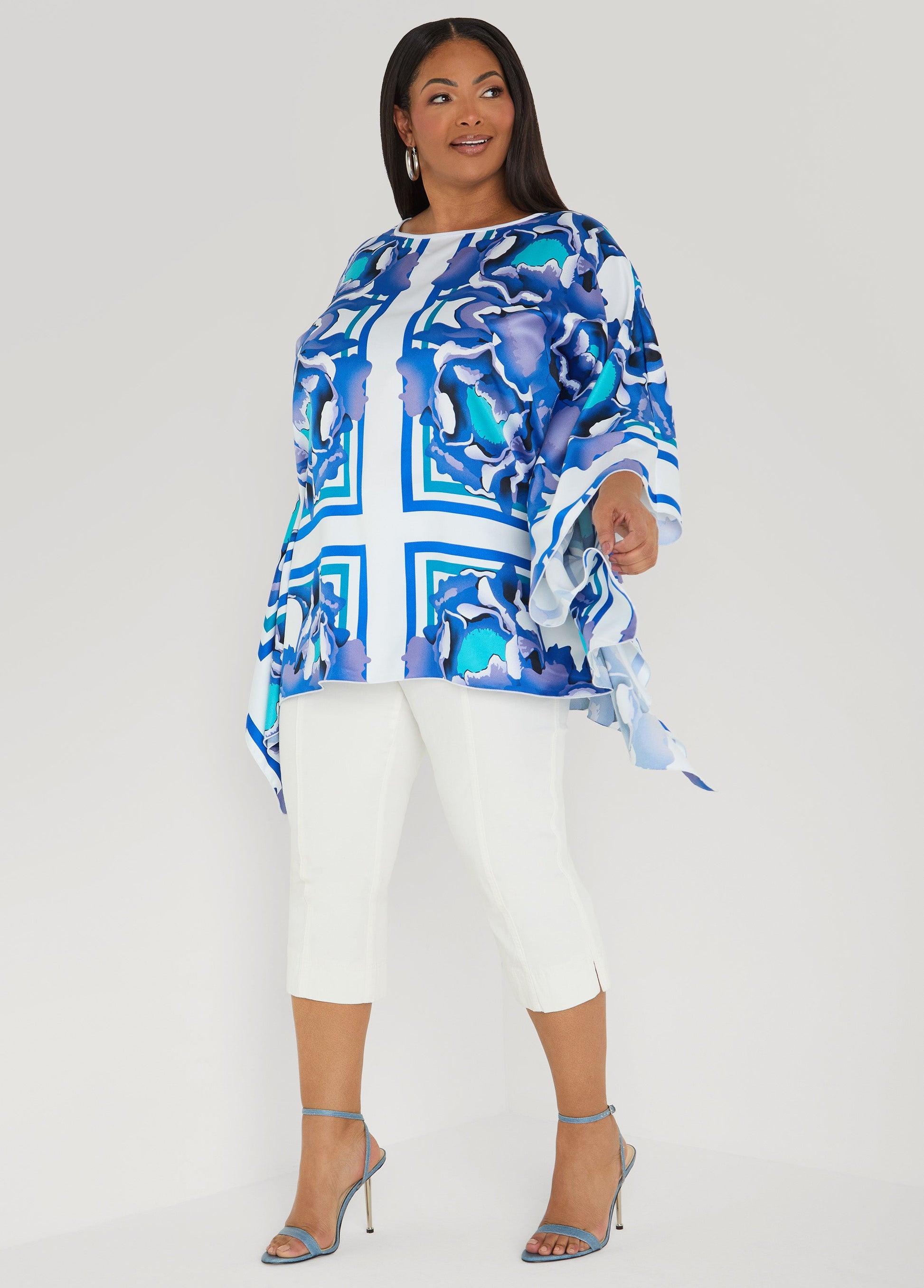 Ashley Stewart Floral Satin Tunic Victoria Blue