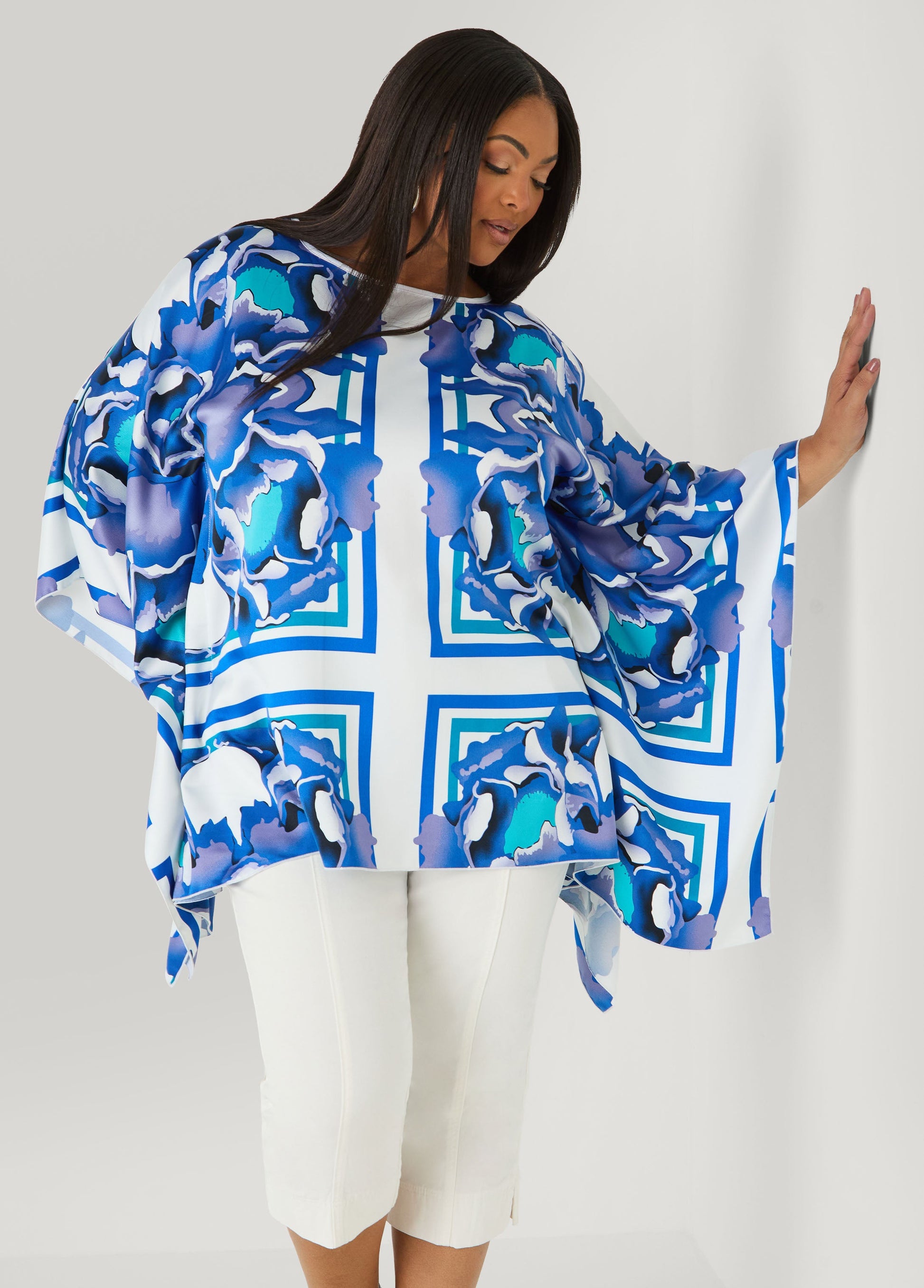 Ashley Stewart Floral Satin Tunic Victoria Blue