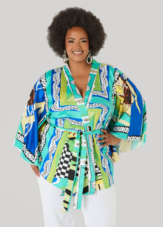 Ashley Stewart Belted Printed Satin Kimono Multi
