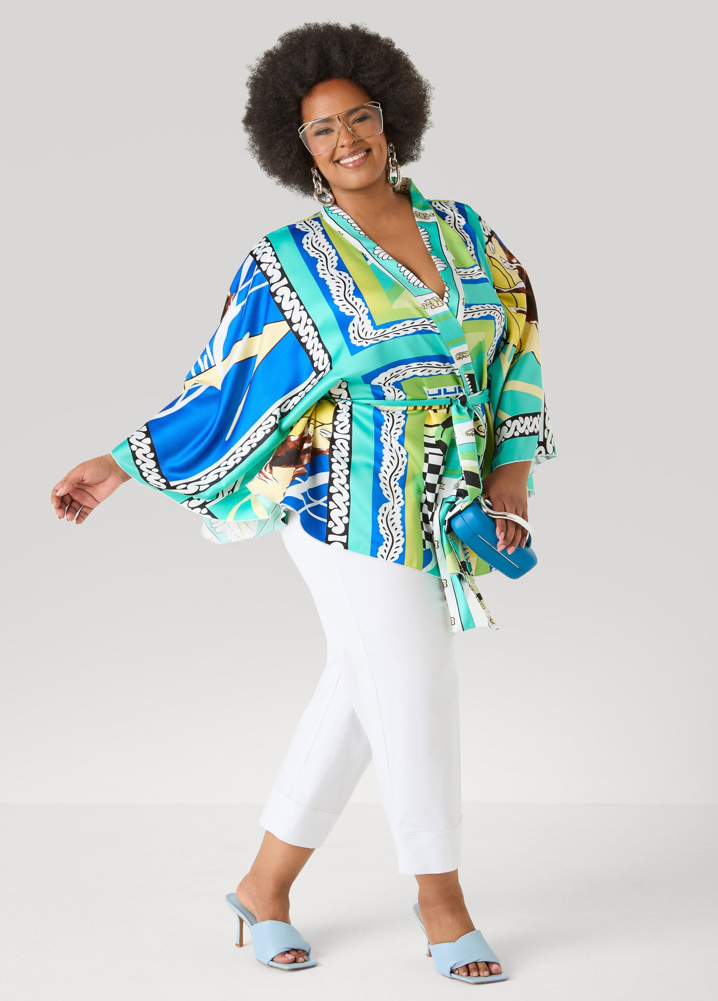 Ashley Stewart Belted Printed Satin Kimono Multi