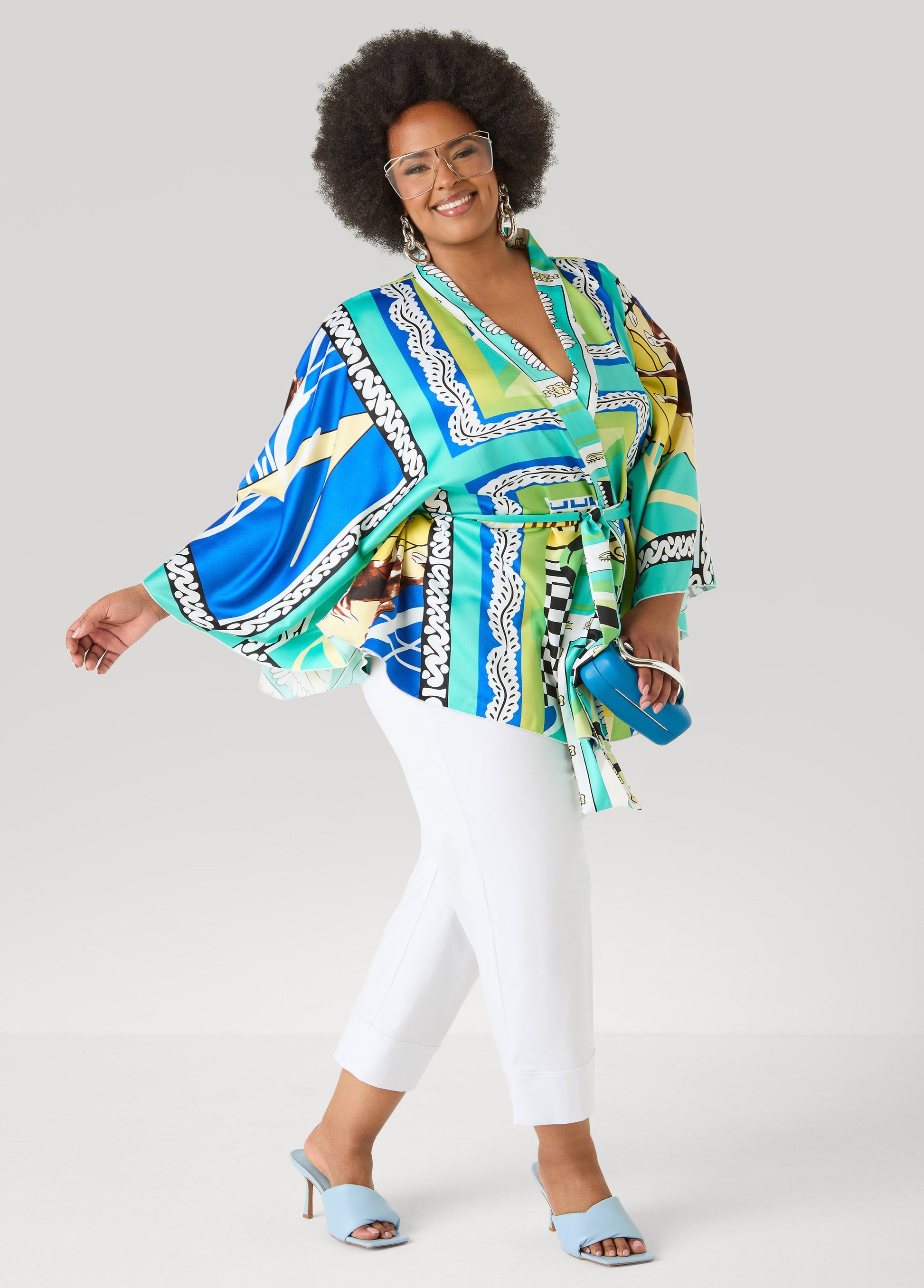 Ashley Stewart Belted Printed Satin Kimono Multi