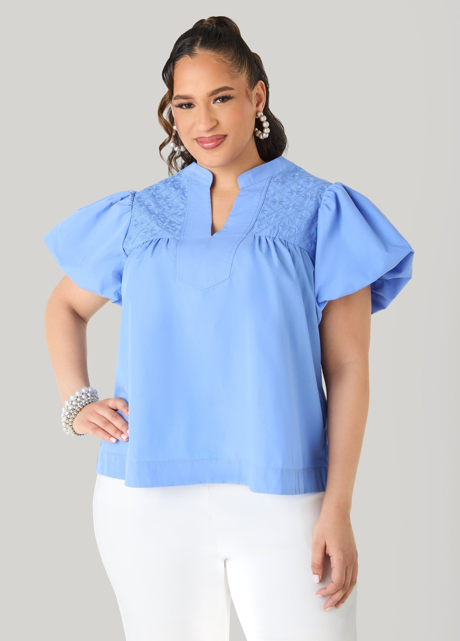 Ashley Stewart Puff Sleeve Embroidered Top Denim