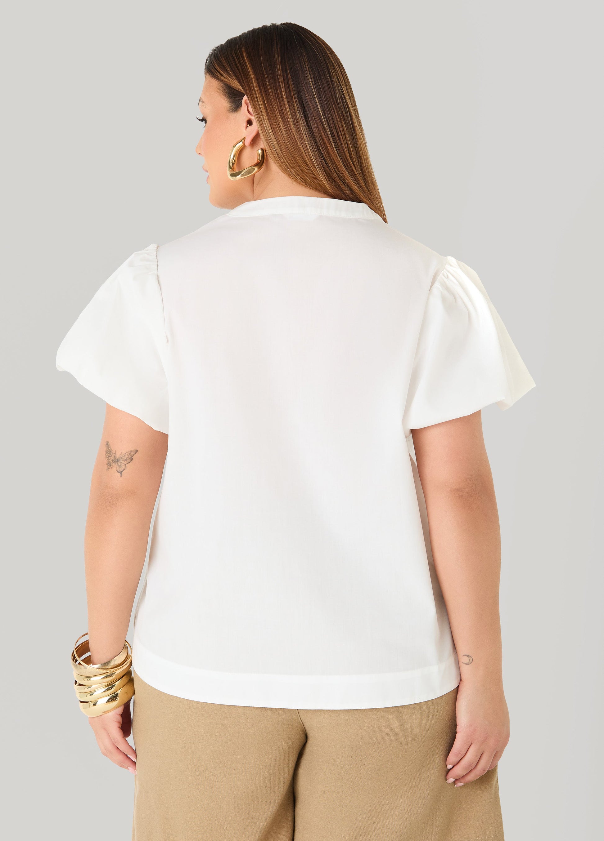 Ashley Stewart Puff Sleeve Embroidered Top Denim