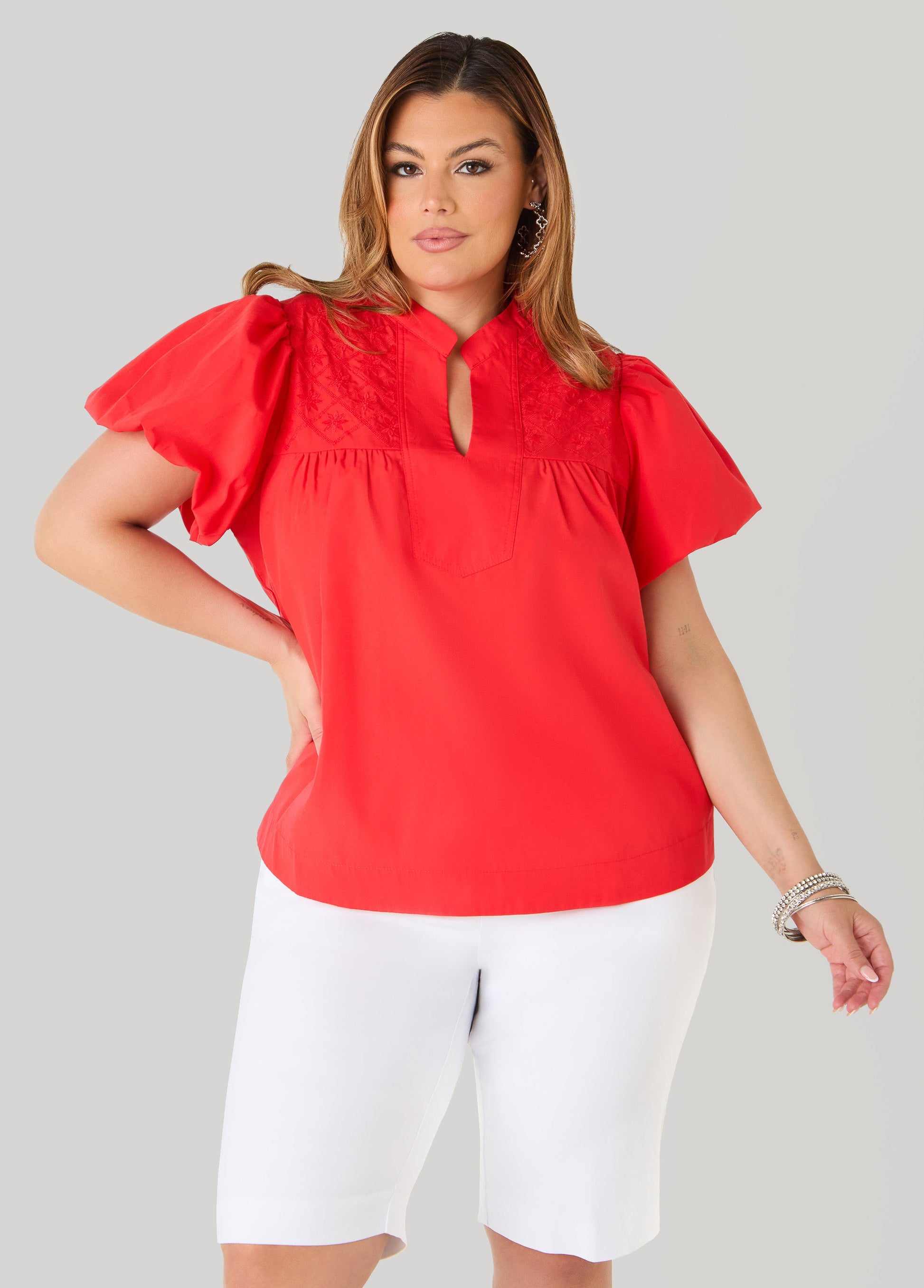 Ashley Stewart Puff Sleeve Embroidered Top Denim
