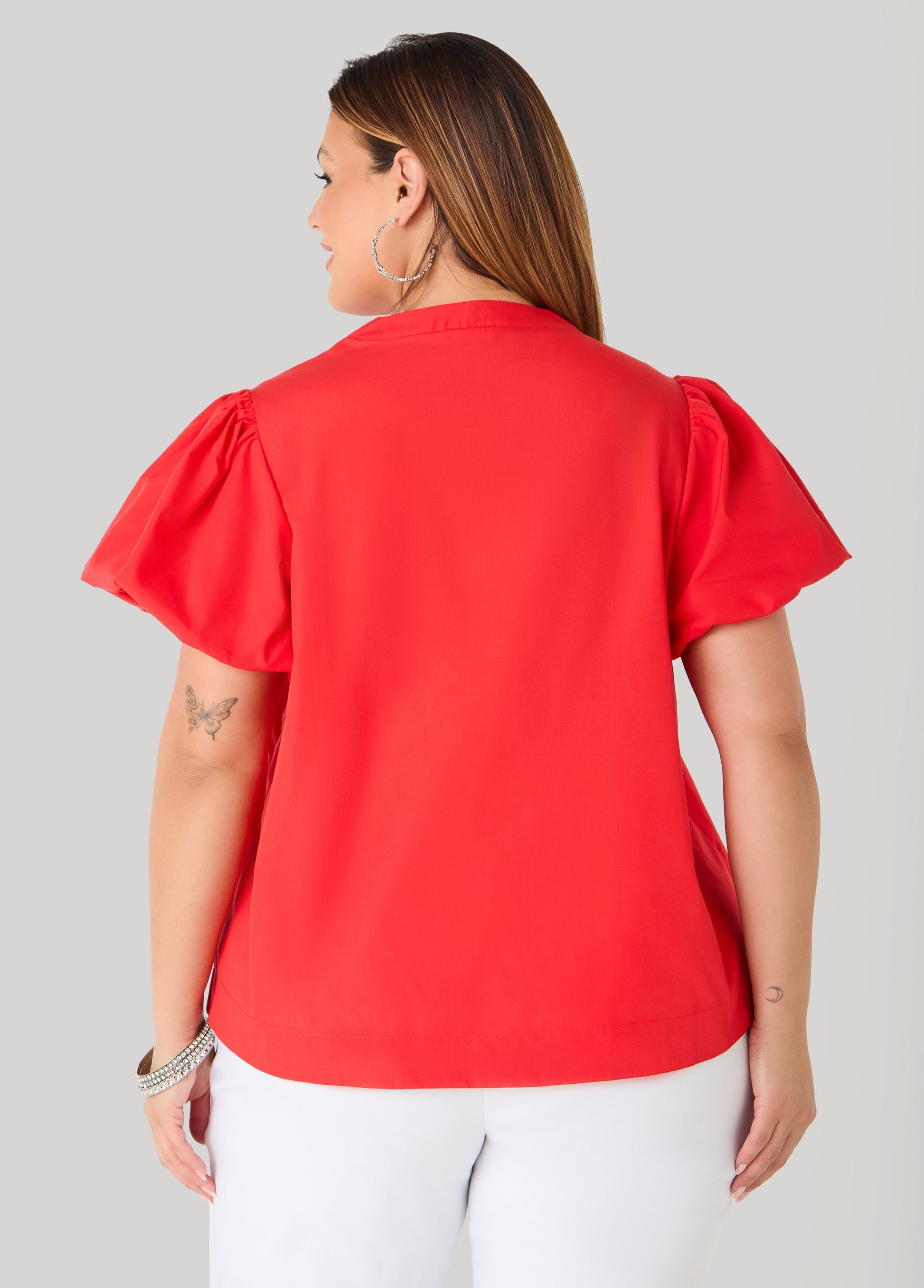 Ashley Stewart Puff Sleeve Embroidered Top Denim