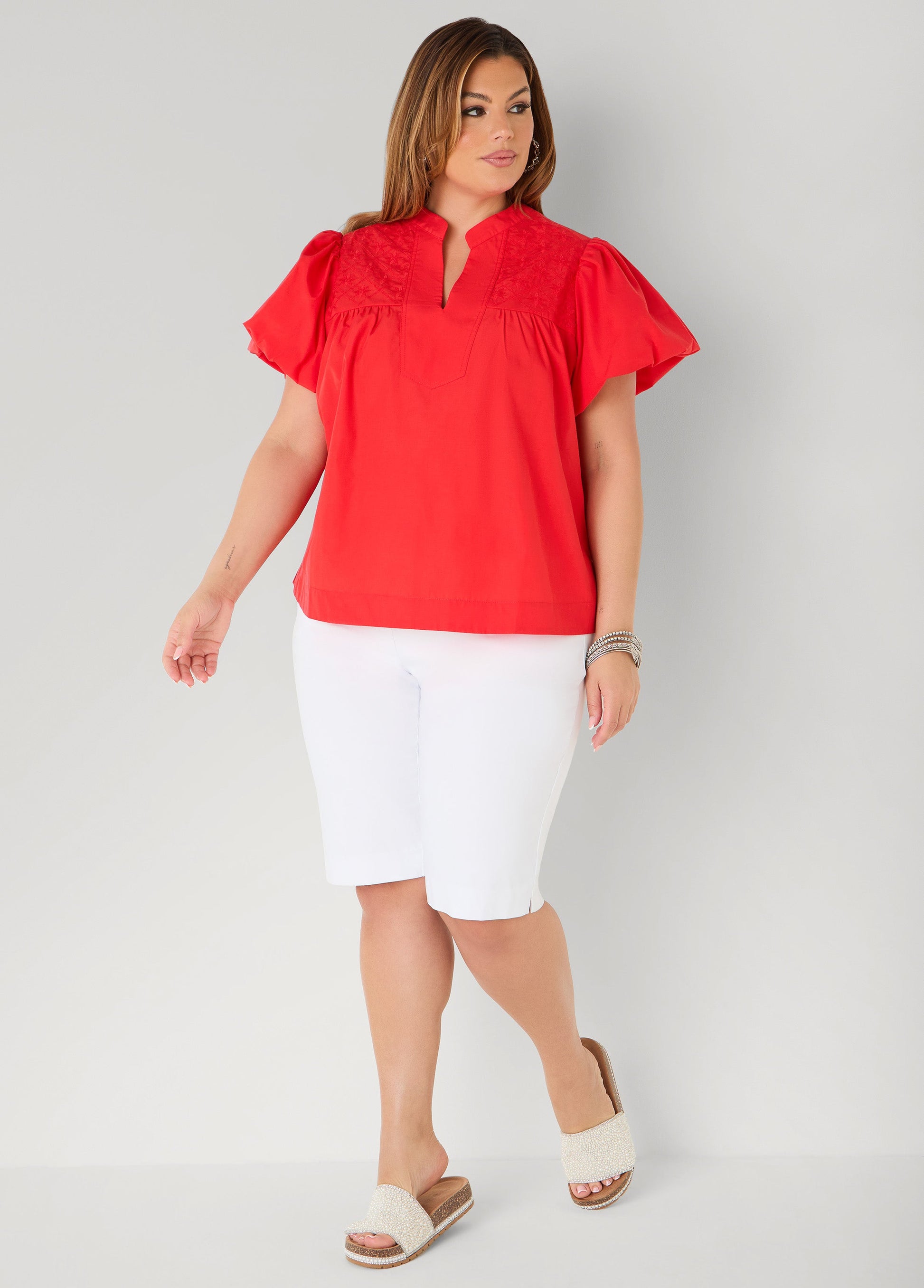 Ashley Stewart Puff Sleeve Embroidered Top Denim