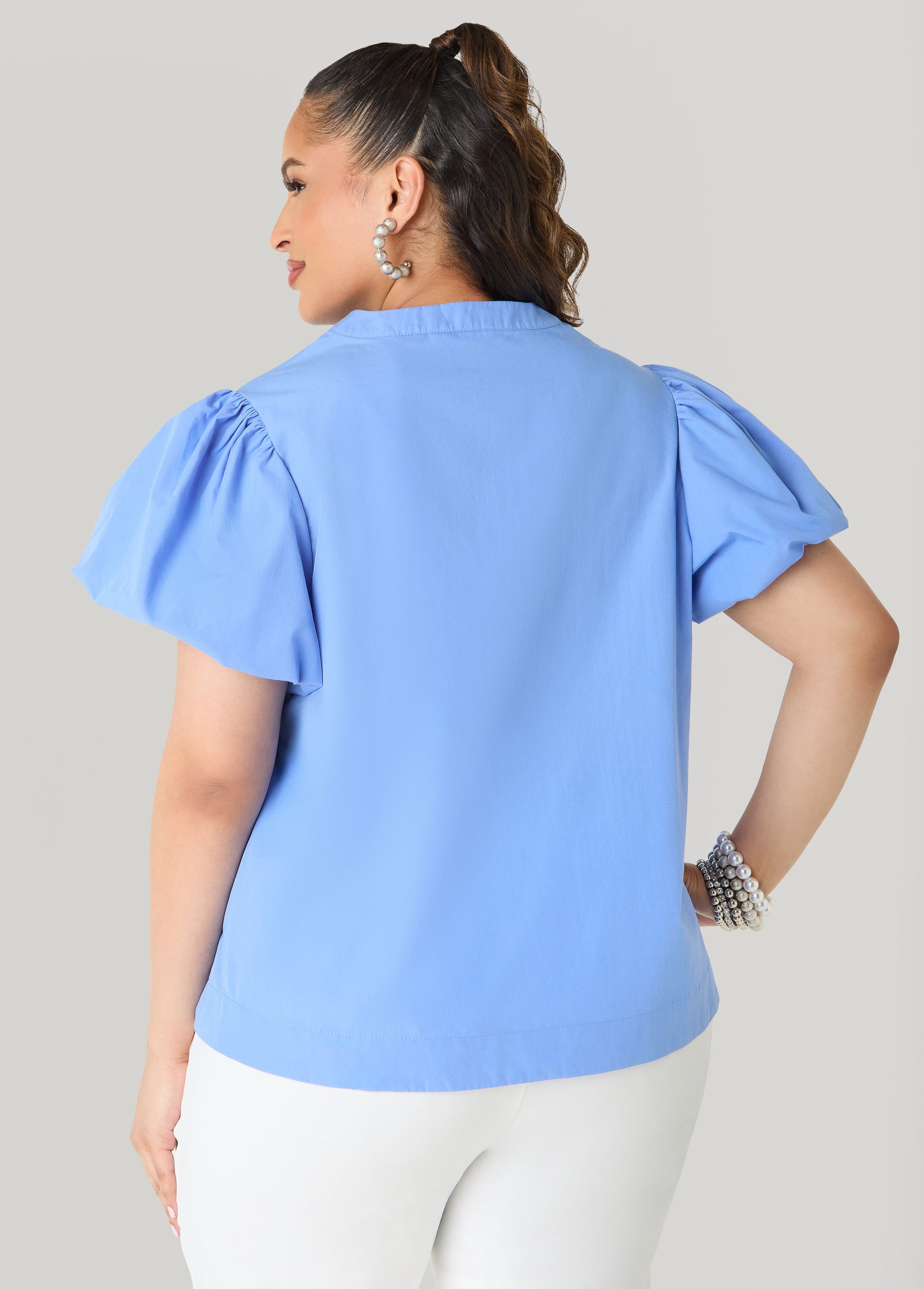Ashley Stewart Puff Sleeve Embroidered Top Denim