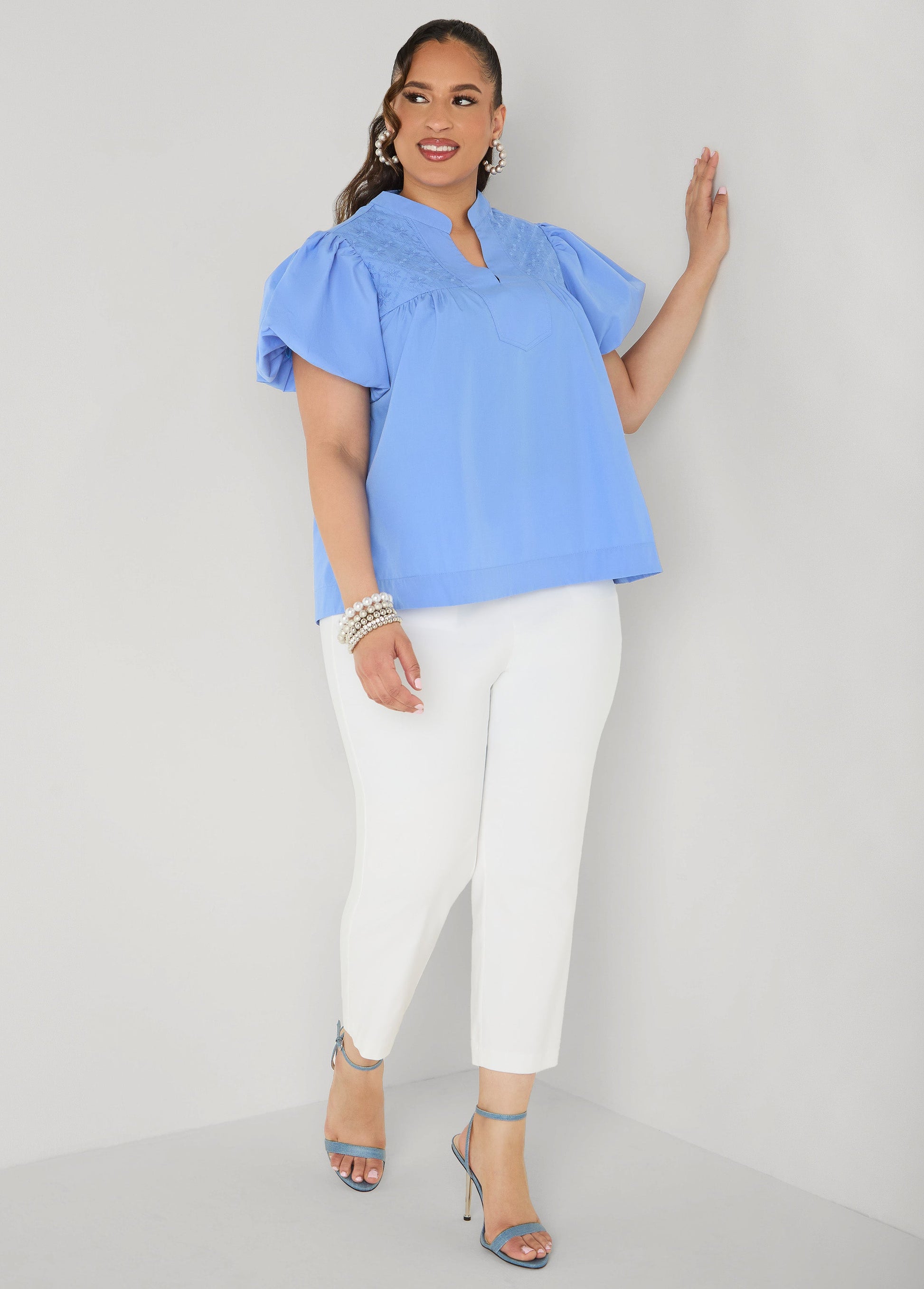 Ashley Stewart Puff Sleeve Embroidered Top Denim