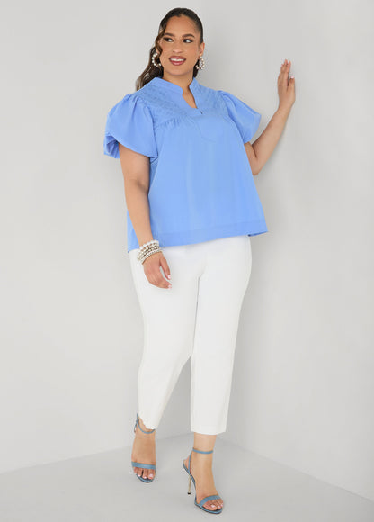 Ashley Stewart Puff Sleeve Embroidered Top Denim