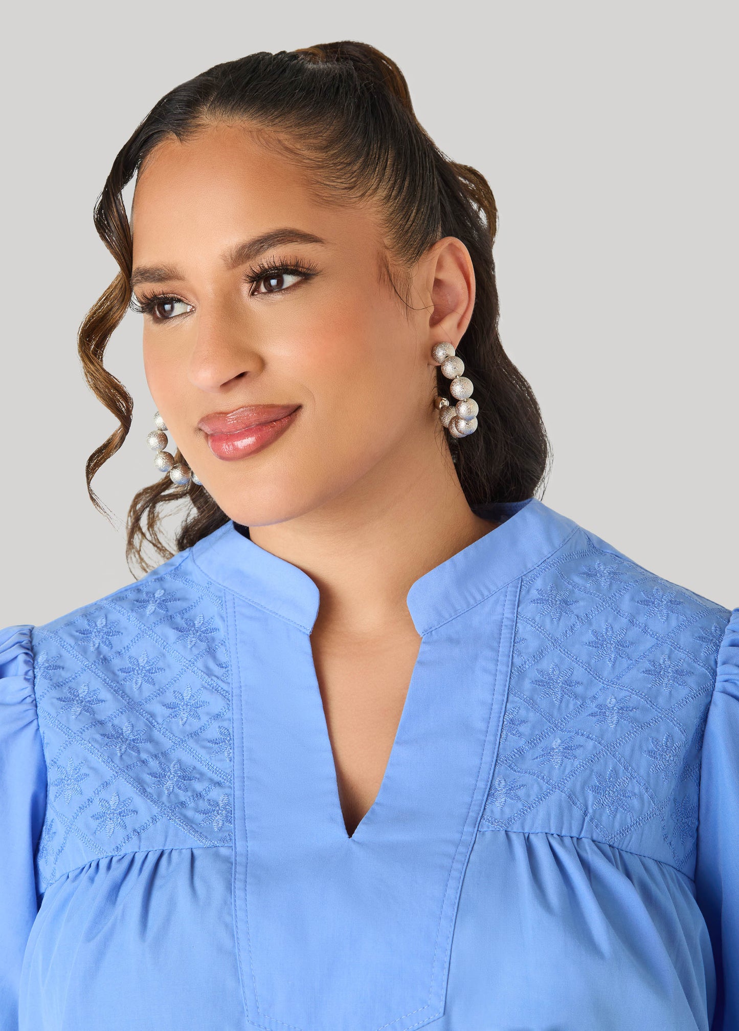 Ashley Stewart Puff Sleeve Embroidered Top Denim