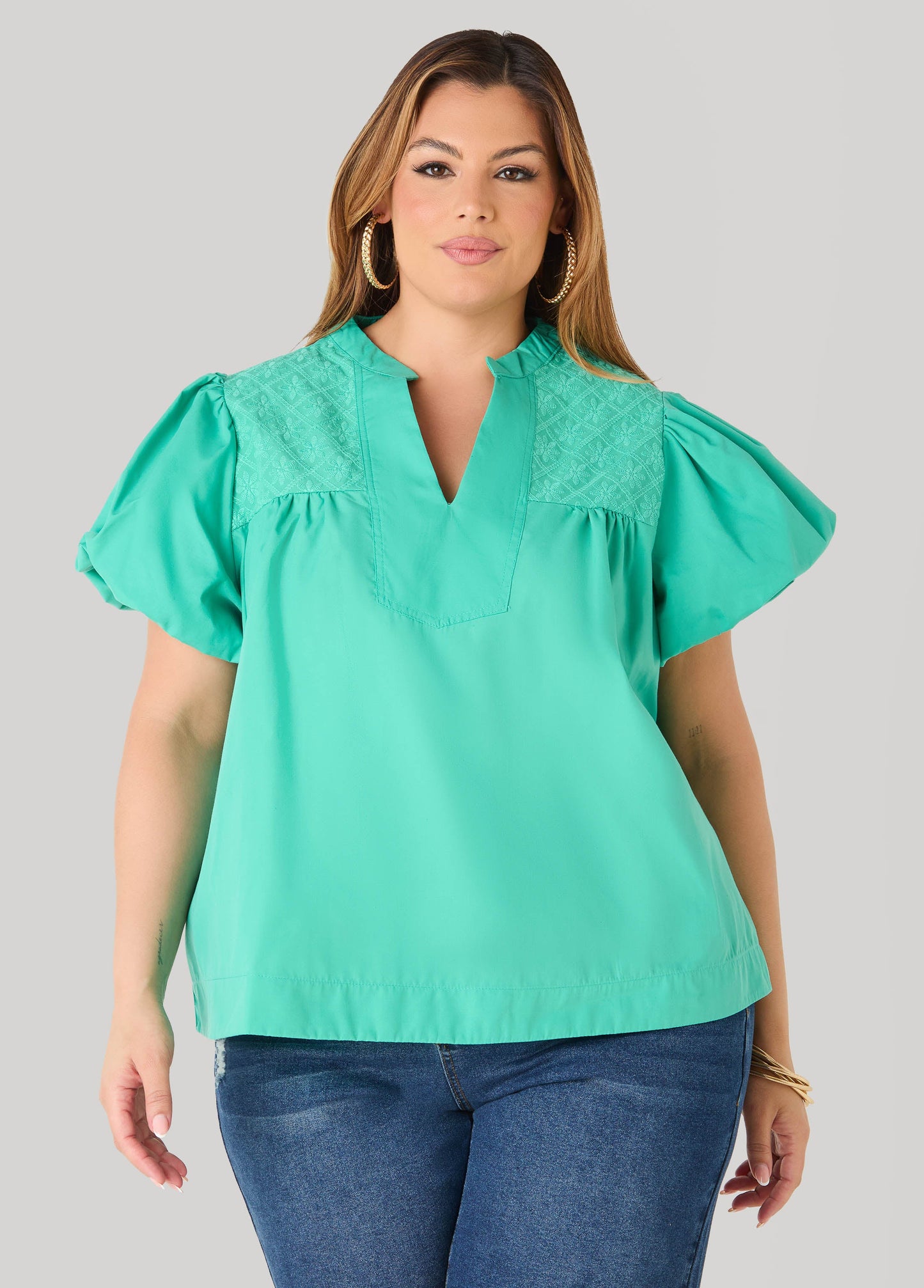Ashley Stewart Puff Sleeve Embroidered Top Denim