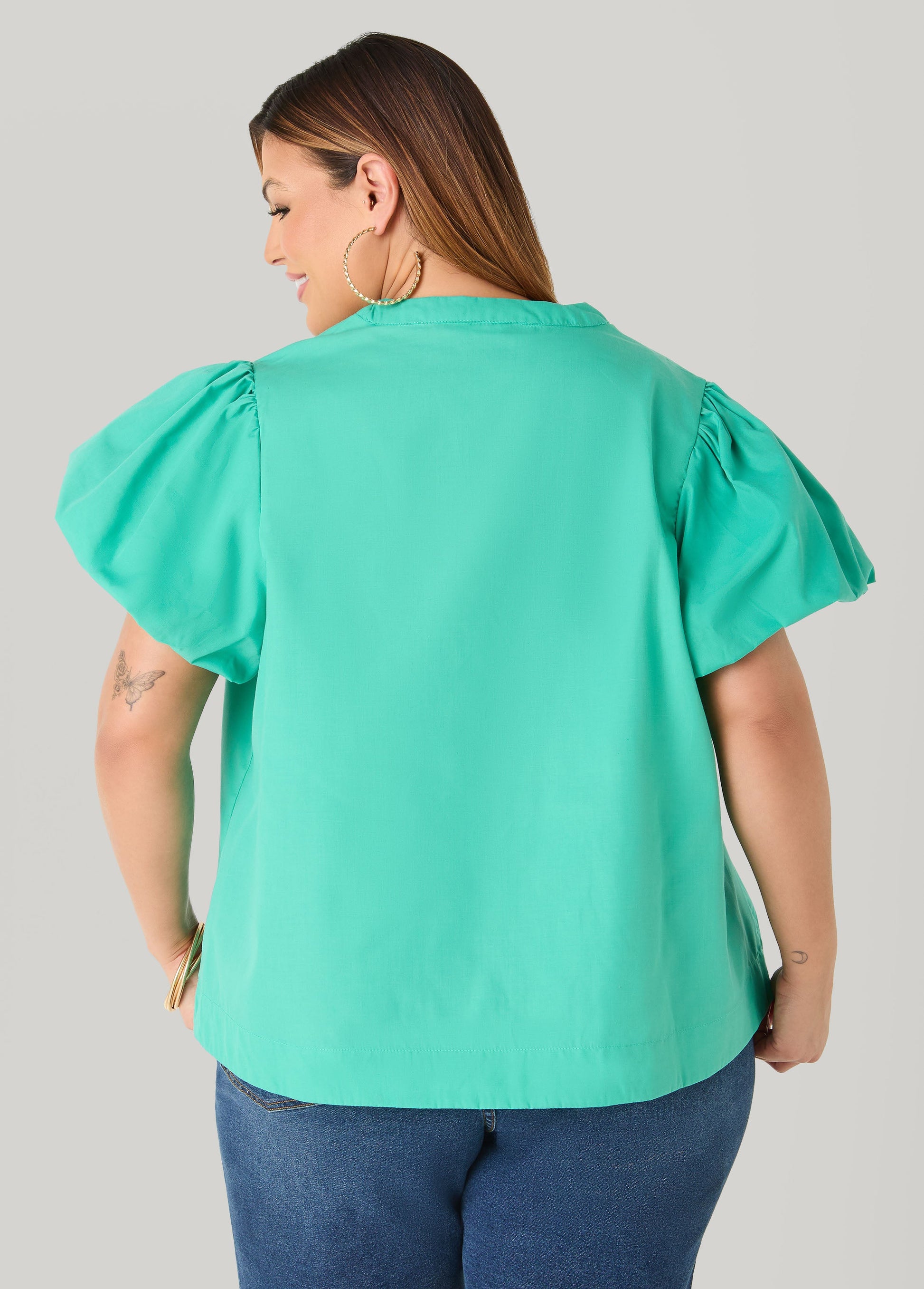 Ashley Stewart Puff Sleeve Embroidered Top Denim