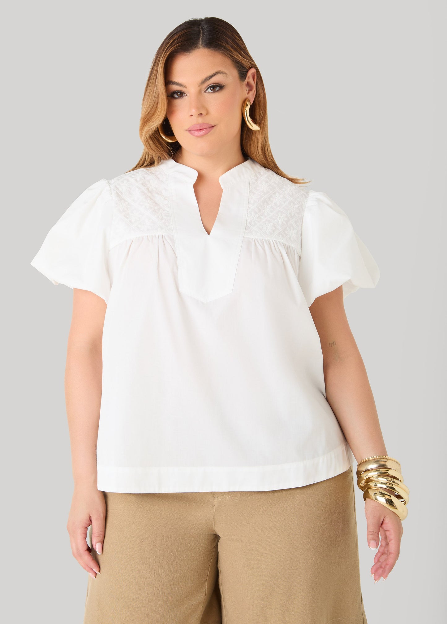 Ashley Stewart Puff Sleeve Embroidered Top Denim