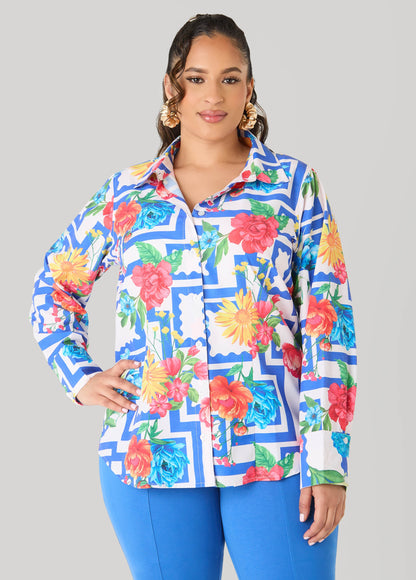 Ashley Stewart Floral Print Collared Shirt Victoria Blue
