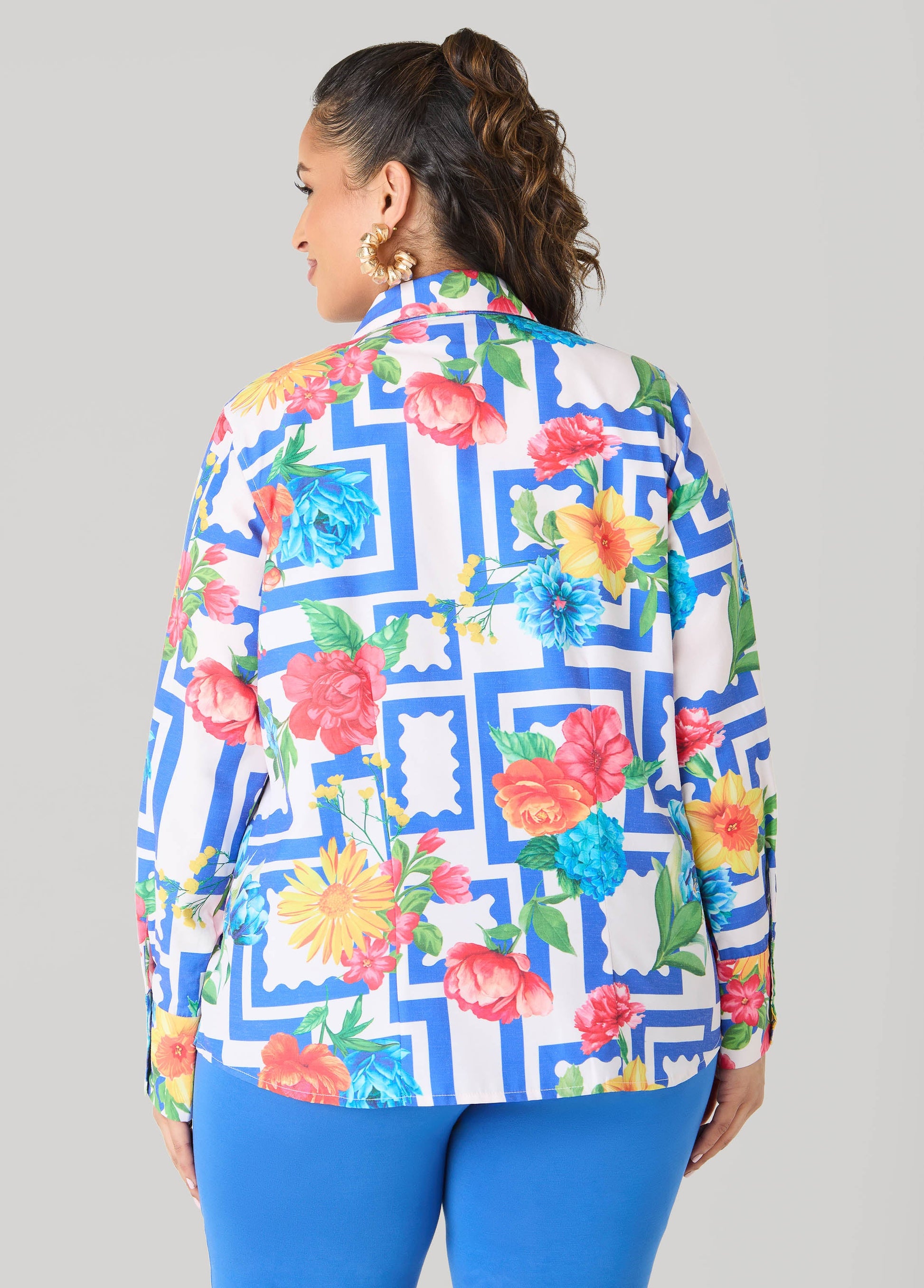 Ashley Stewart Floral Print Collared Shirt Victoria Blue