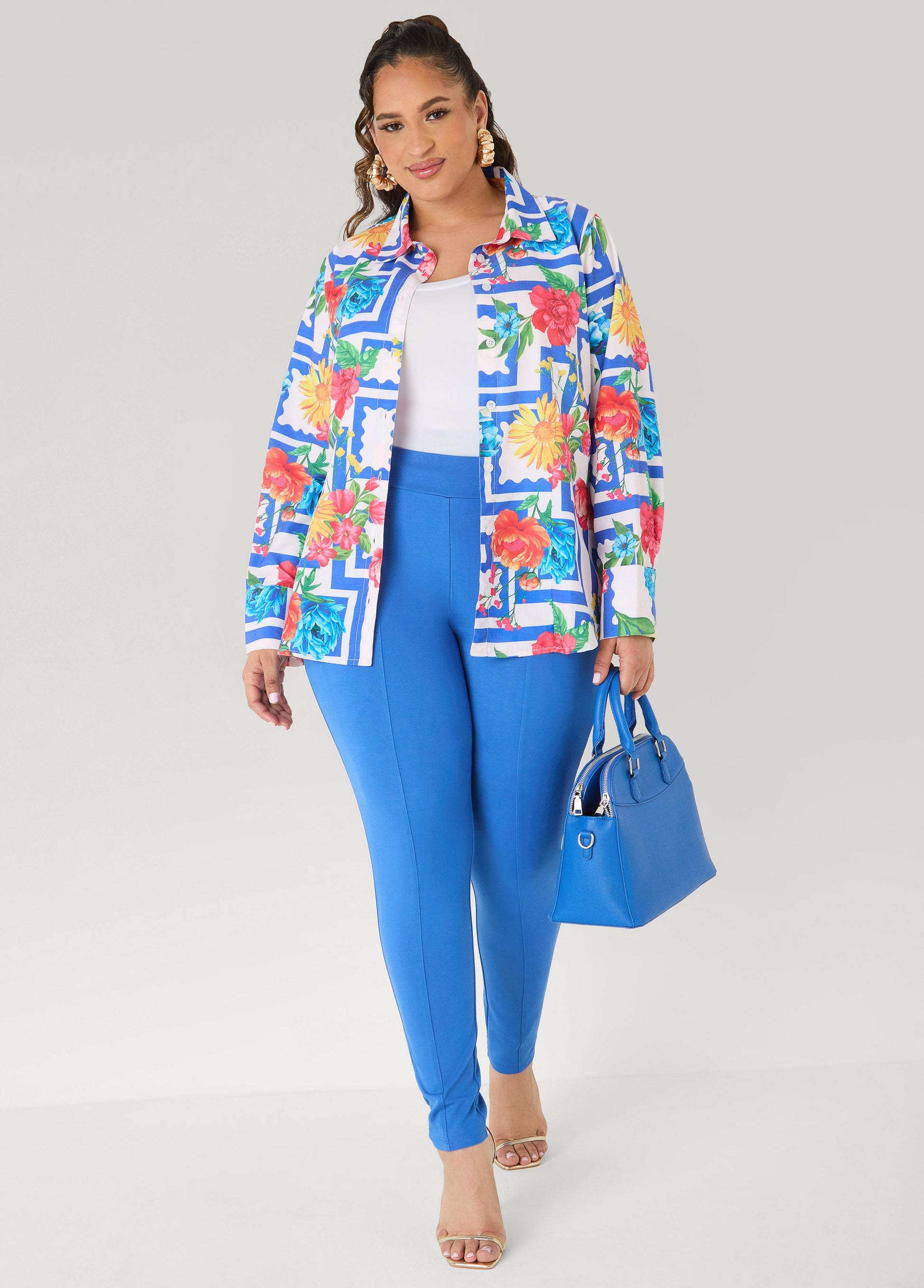 Ashley Stewart Floral Print Collared Shirt Victoria Blue