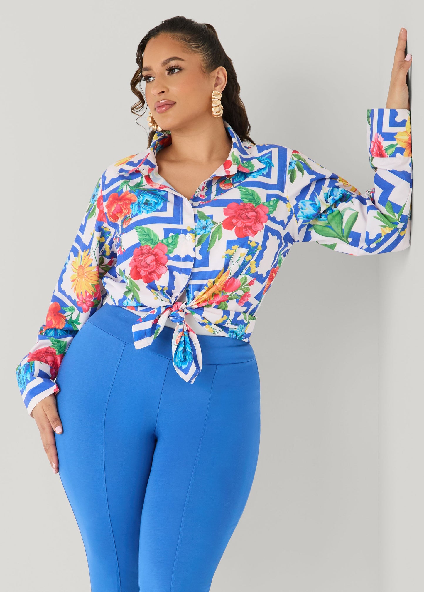 Ashley Stewart Floral Print Collared Shirt Victoria Blue