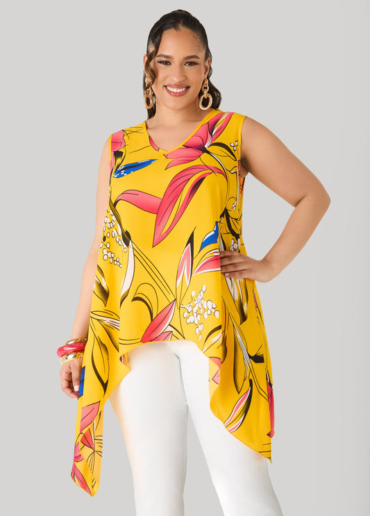 Ashley Stewart Floral Print Handkerchief Top Spectra Yellow